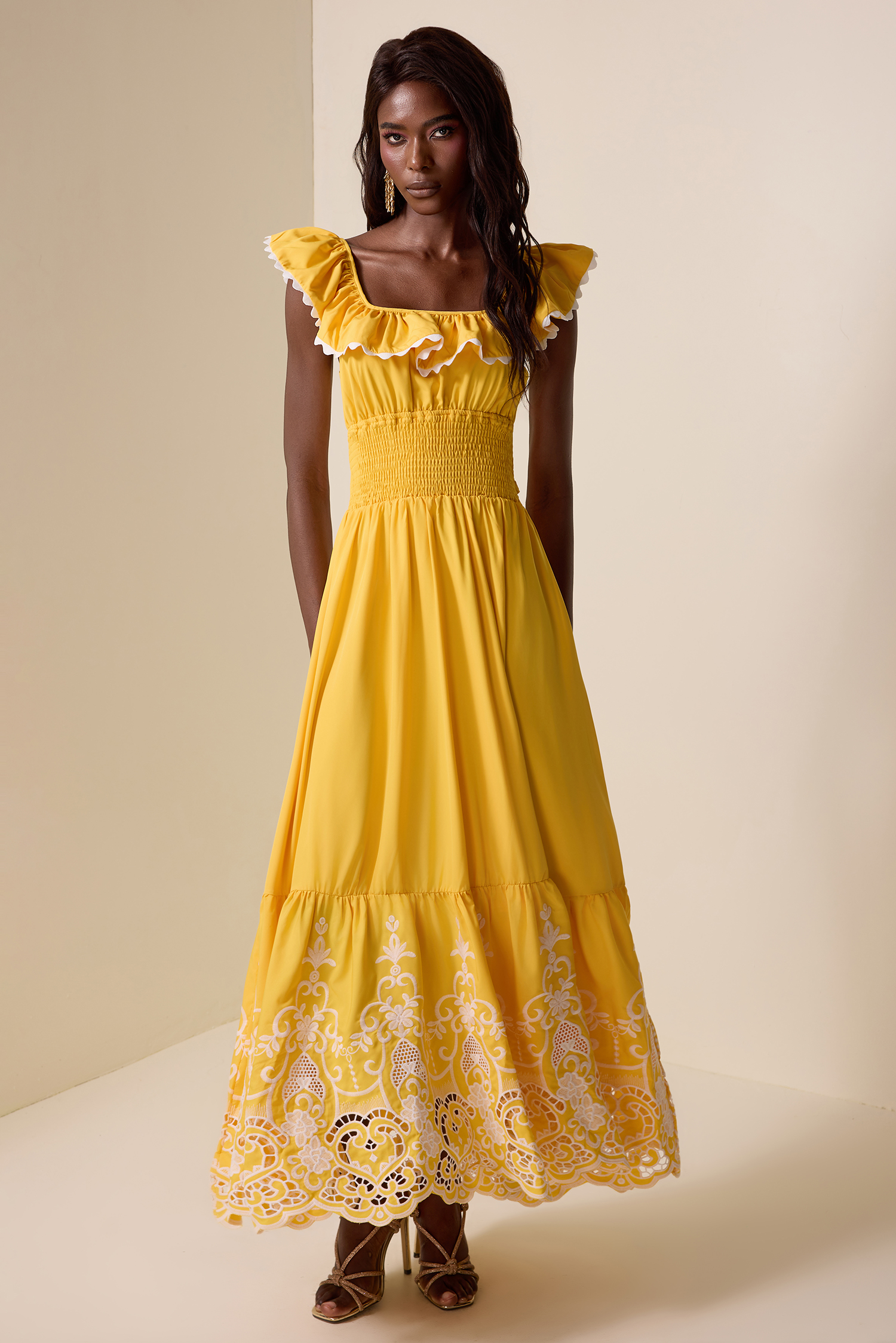 Ruffle Smocking Sleeveless Maxi Dress