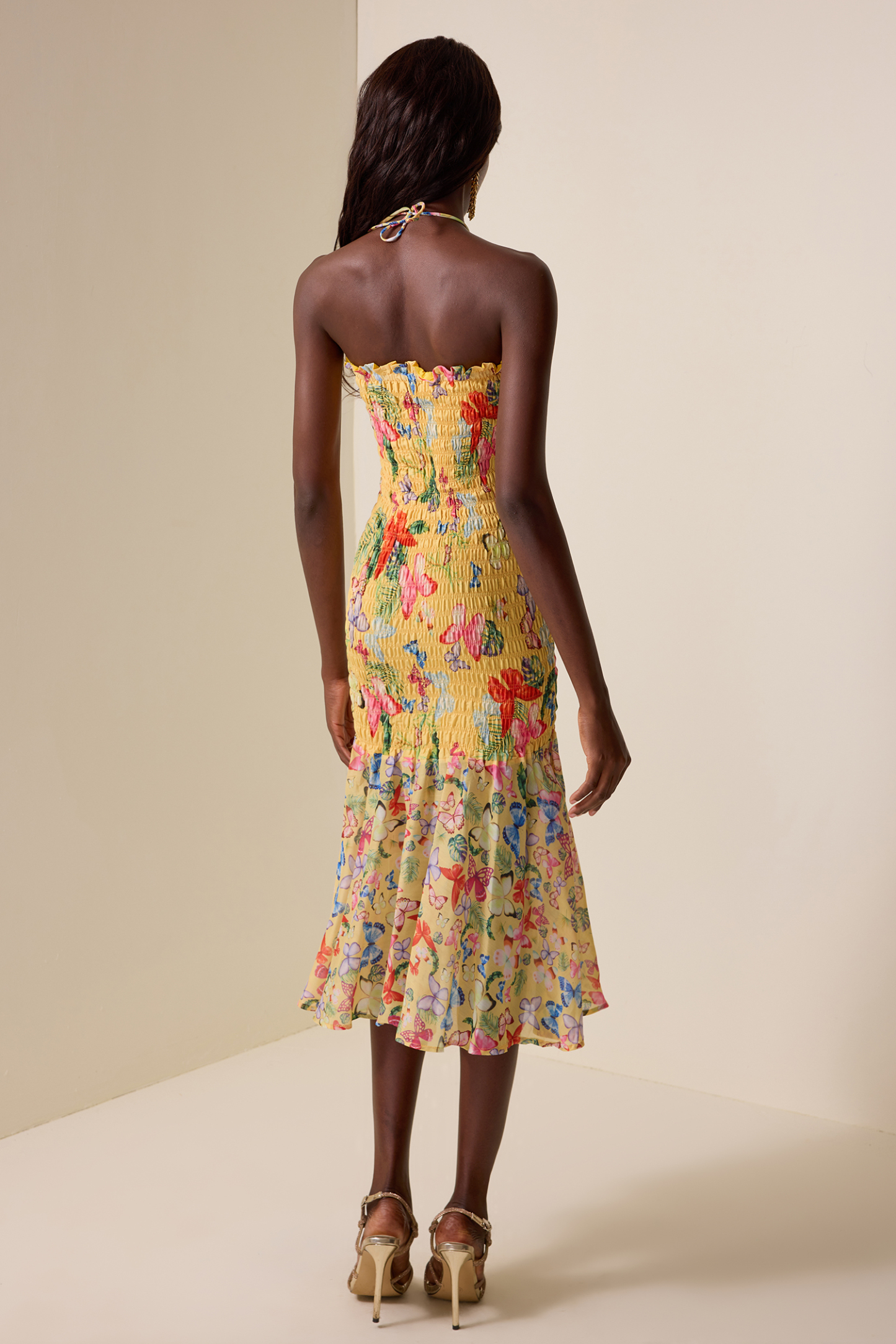 Smocking Floral Halter Neck Midi Dress