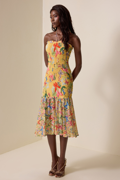 Smocking Floral Halter Neck Midi Dress