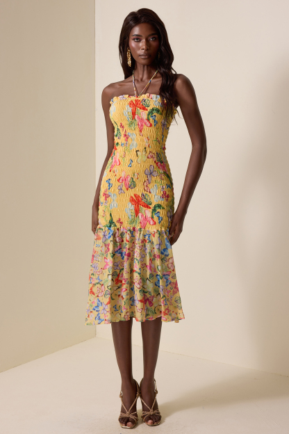 Smocking Floral Halter Neck Midi Dress