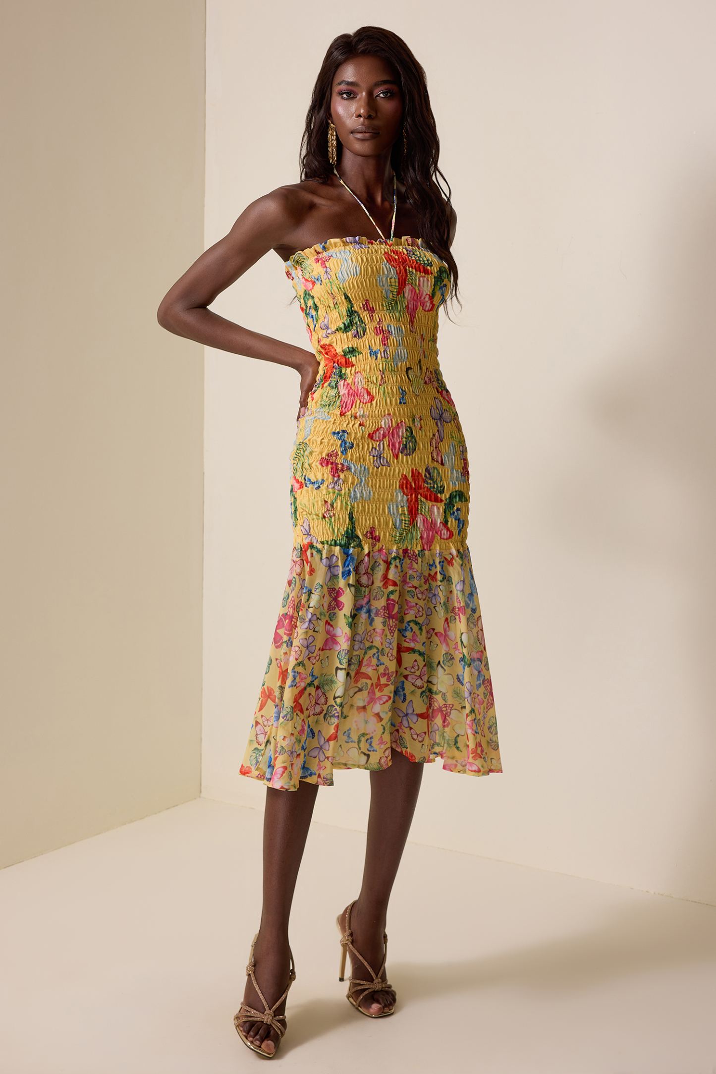 Smocking Floral Halter Neck Midi Dress