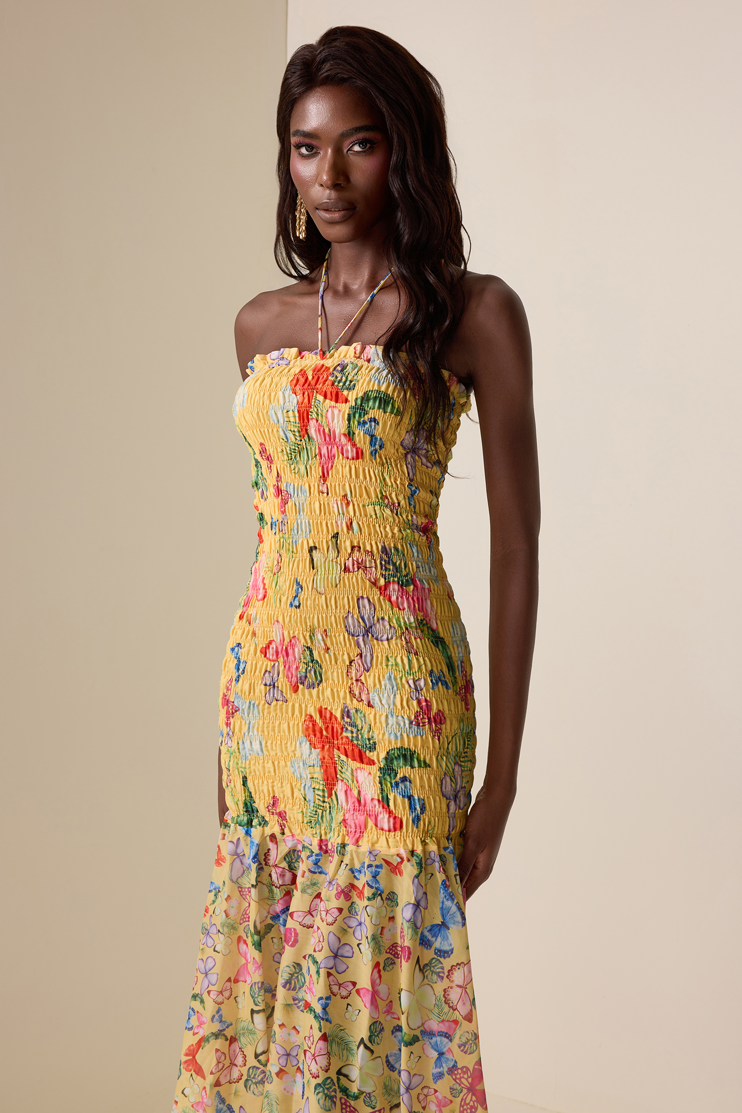 Smocking Floral Halter Neck Midi Dress