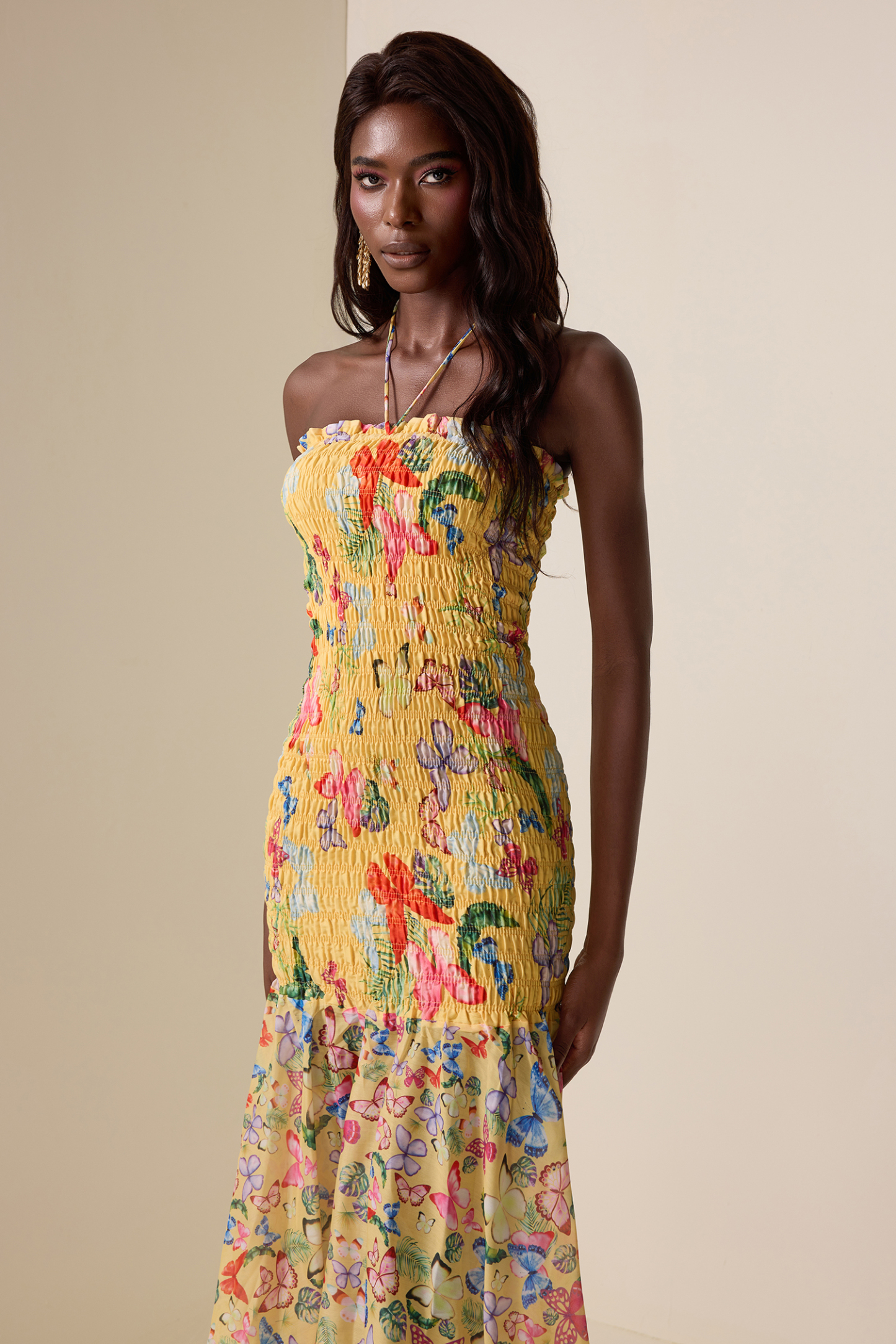 Smocking Floral Halter Neck Midi Dress