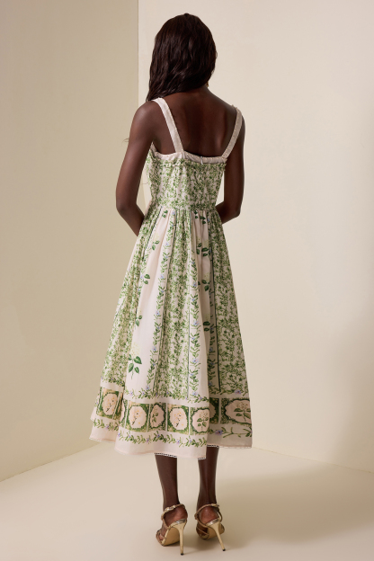 Floral Square Collar Faux Pearl Midi Dress