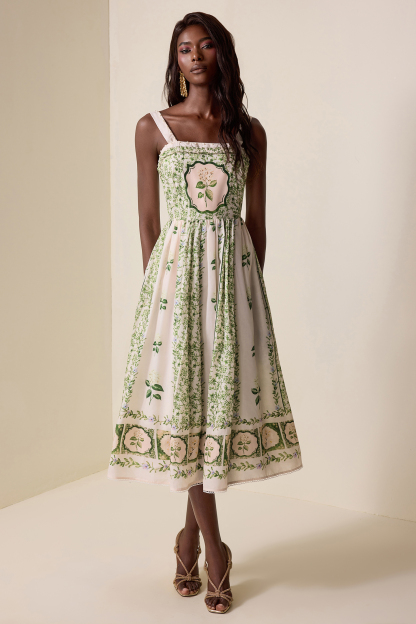 Floral Square Collar Faux Pearl Midi Dress