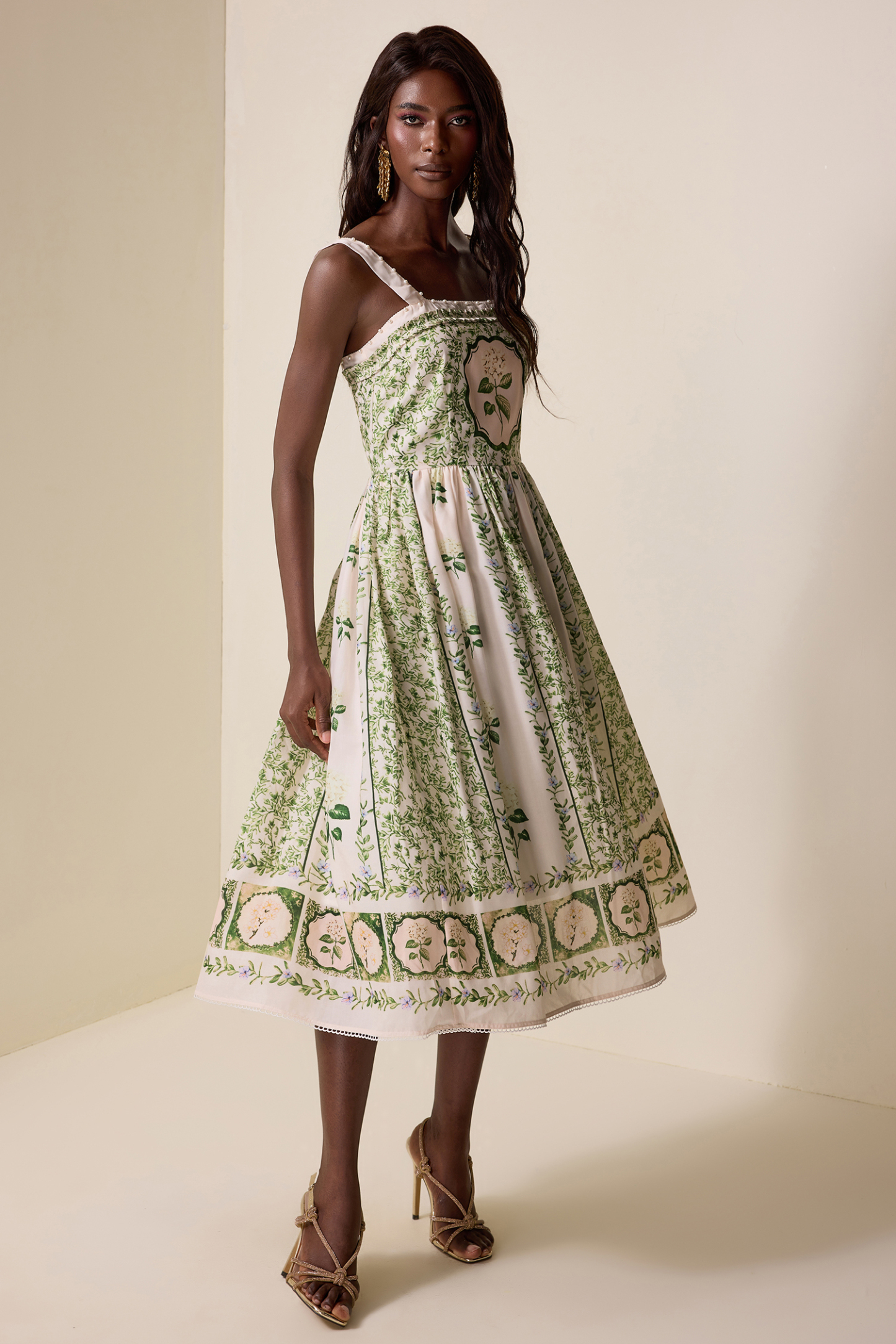 Floral Square Collar Faux Pearl Midi Dress