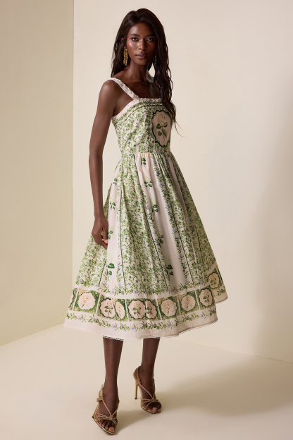 Floral Square Collar Faux Pearl Midi Dress