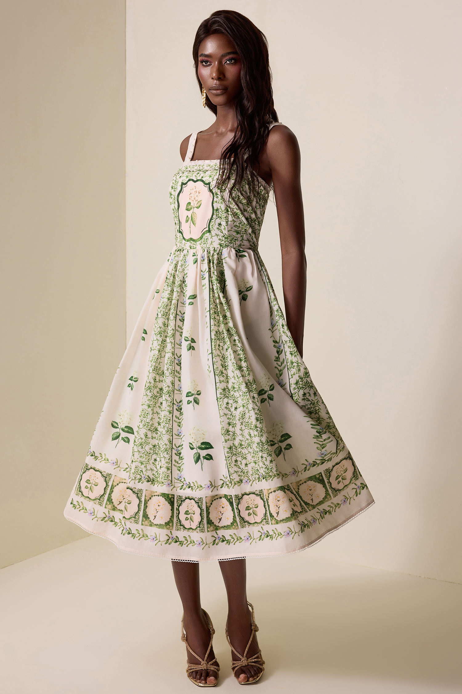 Floral Square Collar Faux Pearl Midi Dress