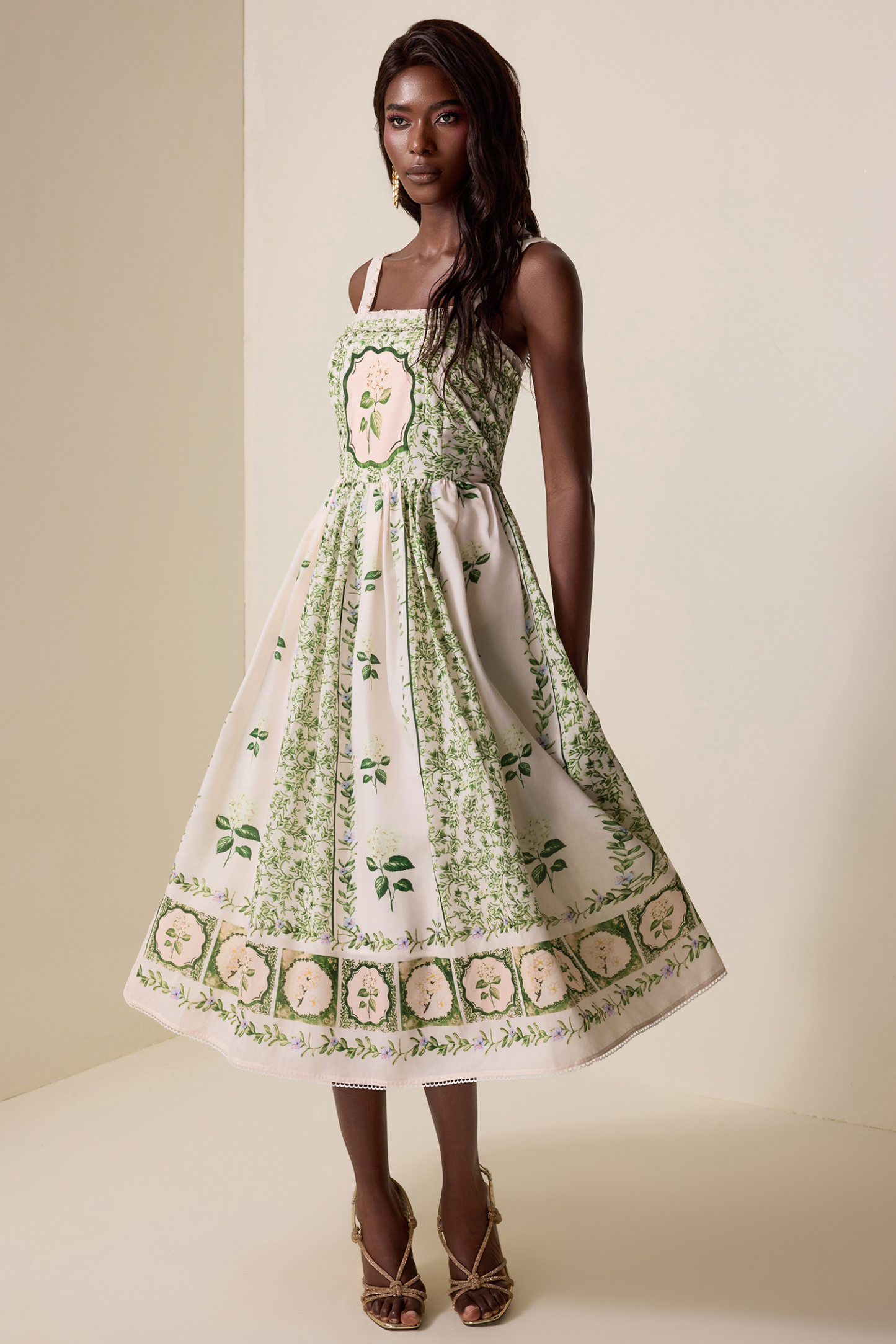 Floral Square Collar Faux Pearl Midi Dress