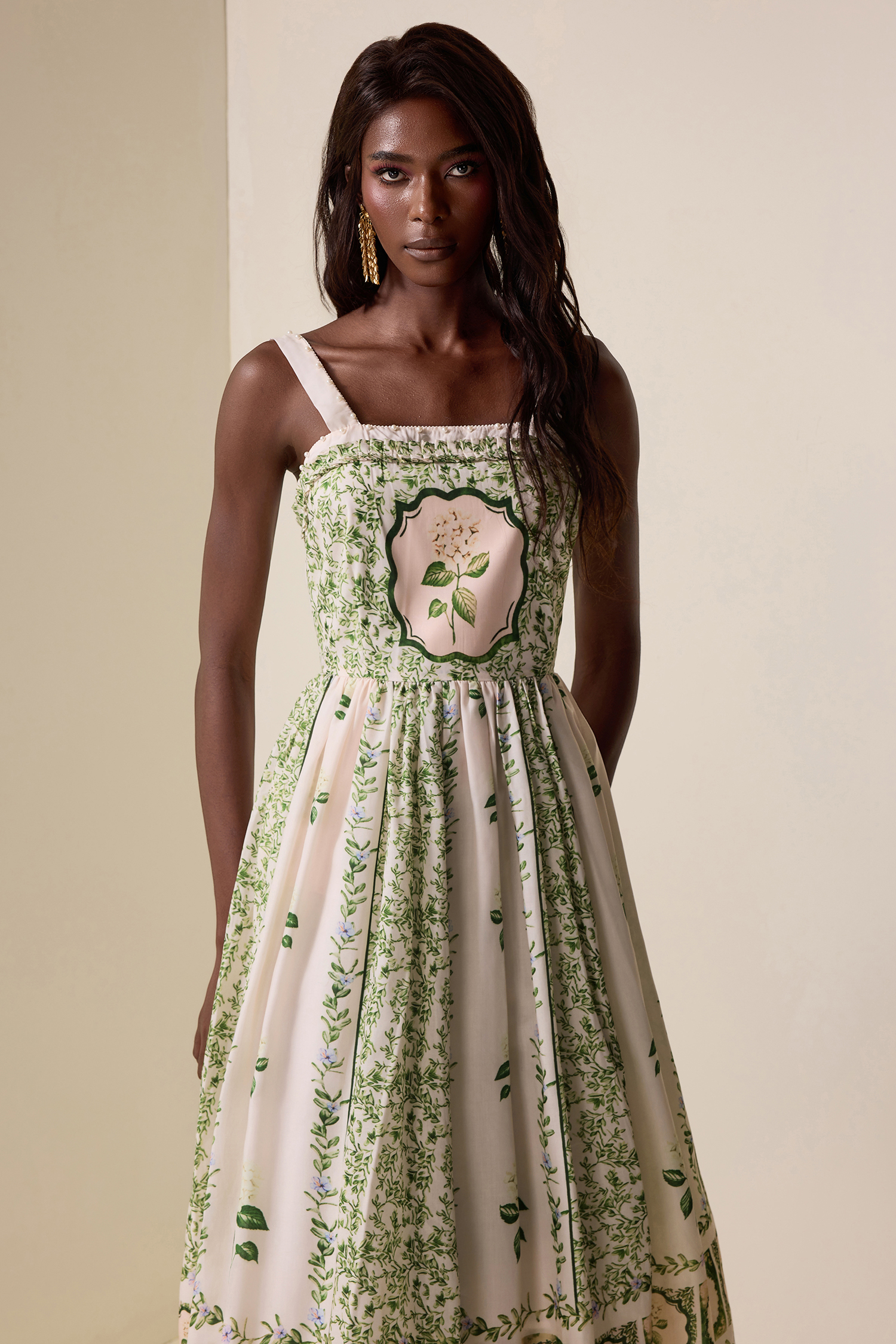 Floral Square Collar Faux Pearl Midi Dress