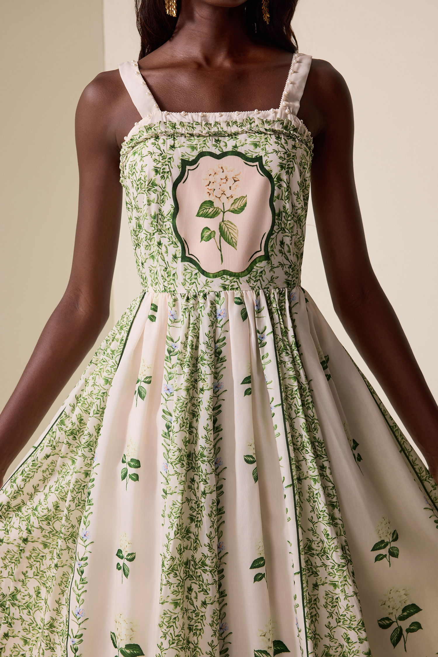 Floral Square Collar Faux Pearl Midi Dress