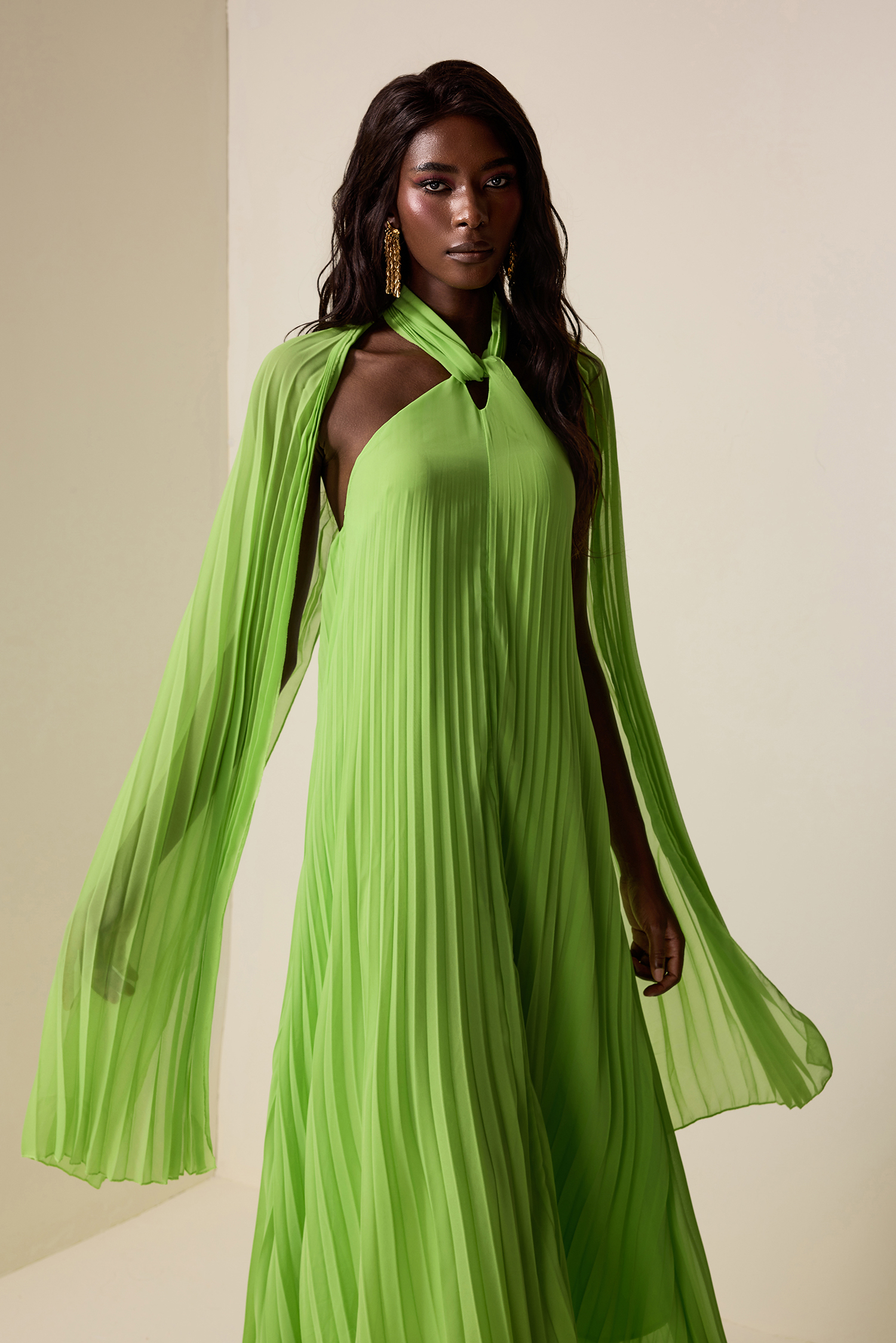 Chiffon Pleated Knotted Maxi Dress