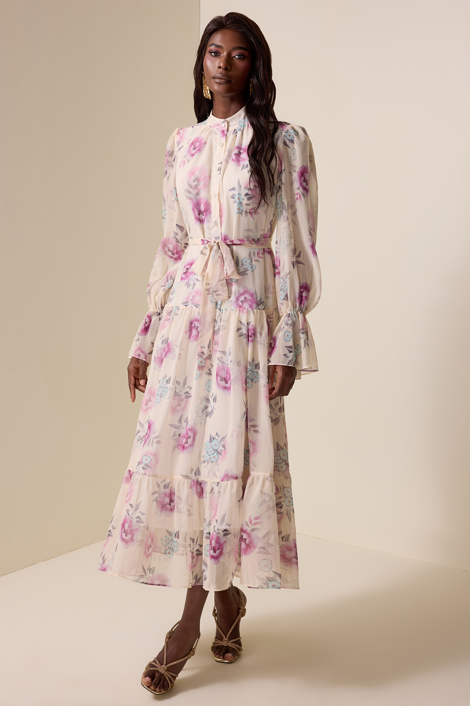 Floral Luxury Lantern Sleeve Midi Dress