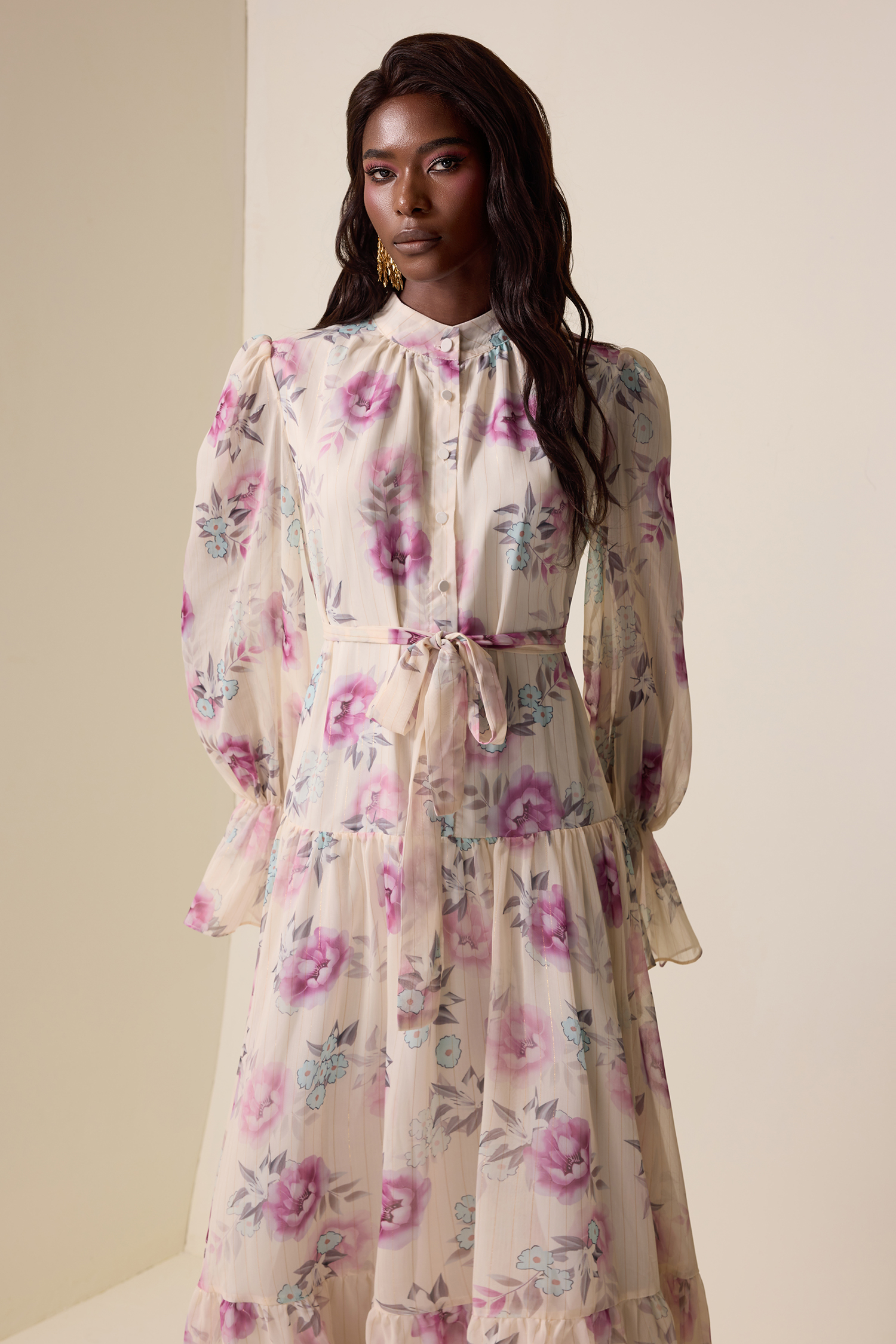 Floral Luxury Lantern Sleeve Midi Dress