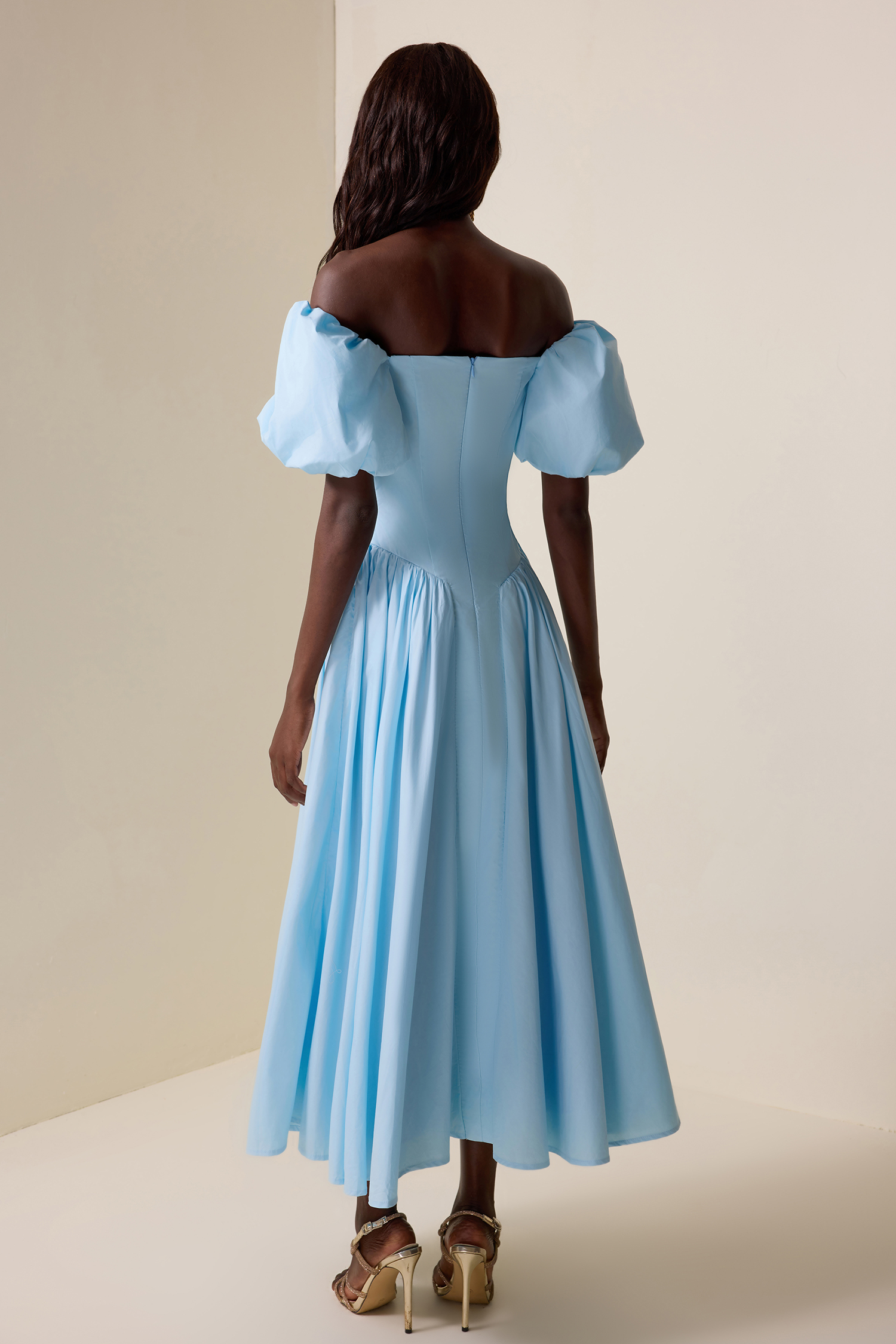 Solid Puff Sleeve Single Breasted Midi Dress