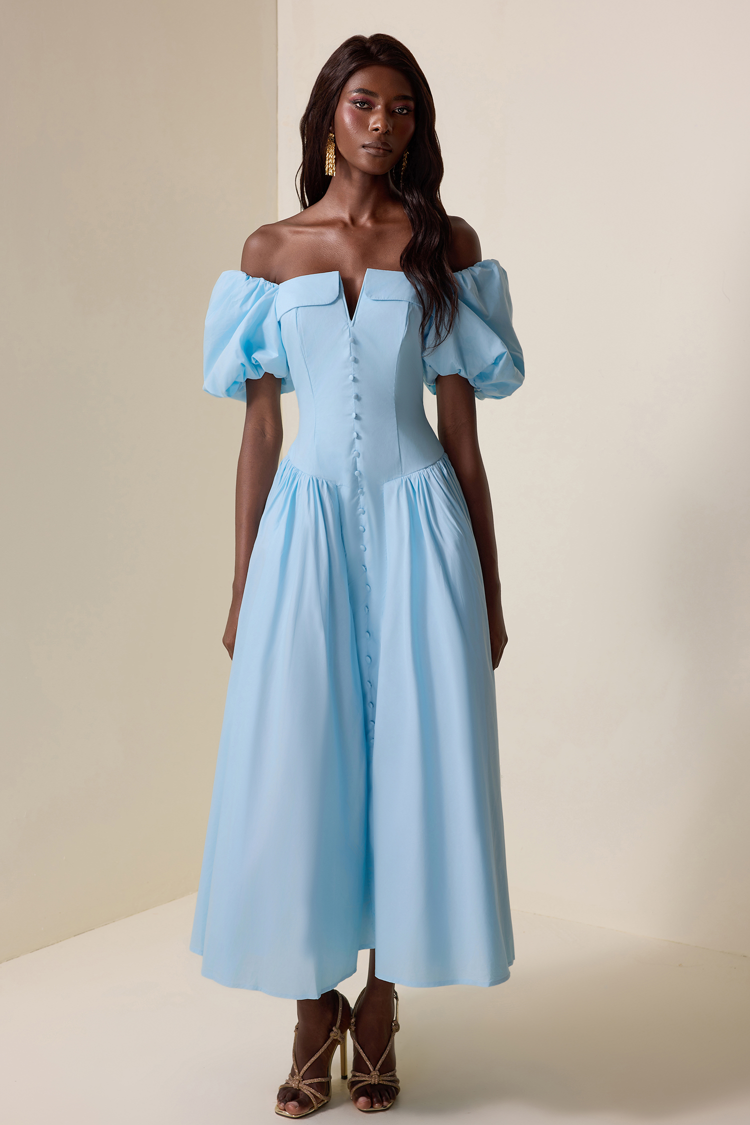 Solid Puff Sleeve Single Breasted Midi Dress