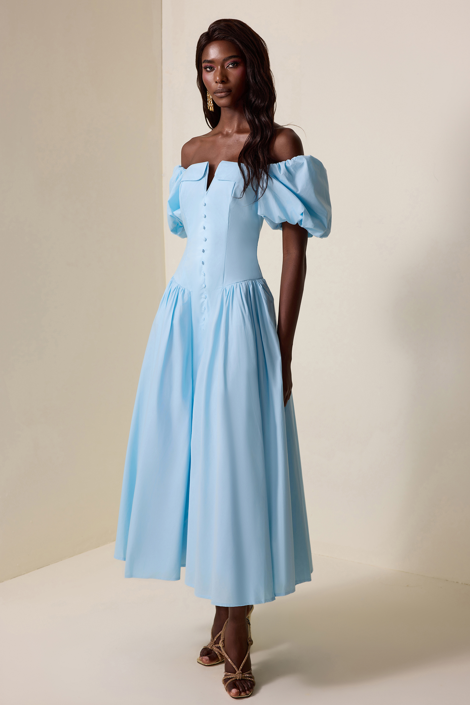 Solid Puff Sleeve Single Breasted Midi Dress