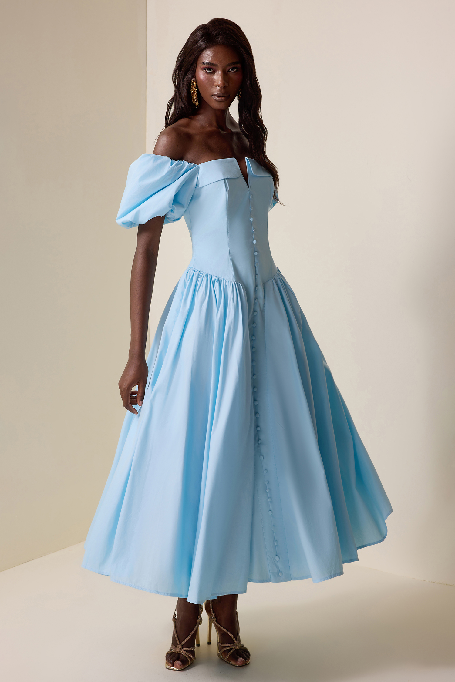 Solid Puff Sleeve Single Breasted Midi Dress