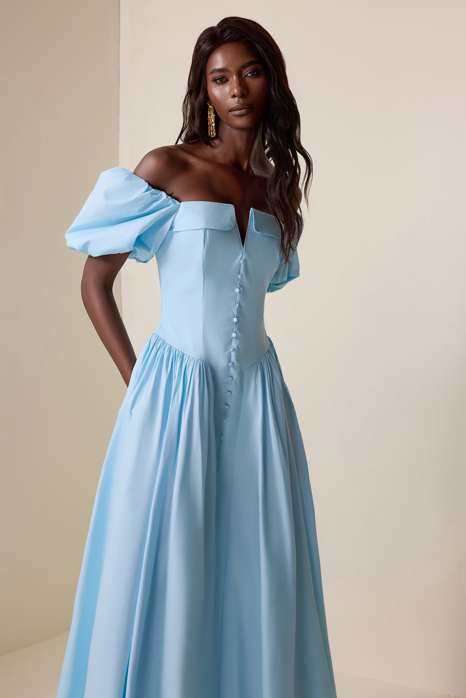Solid Puff Sleeve Single Breasted Midi Dress