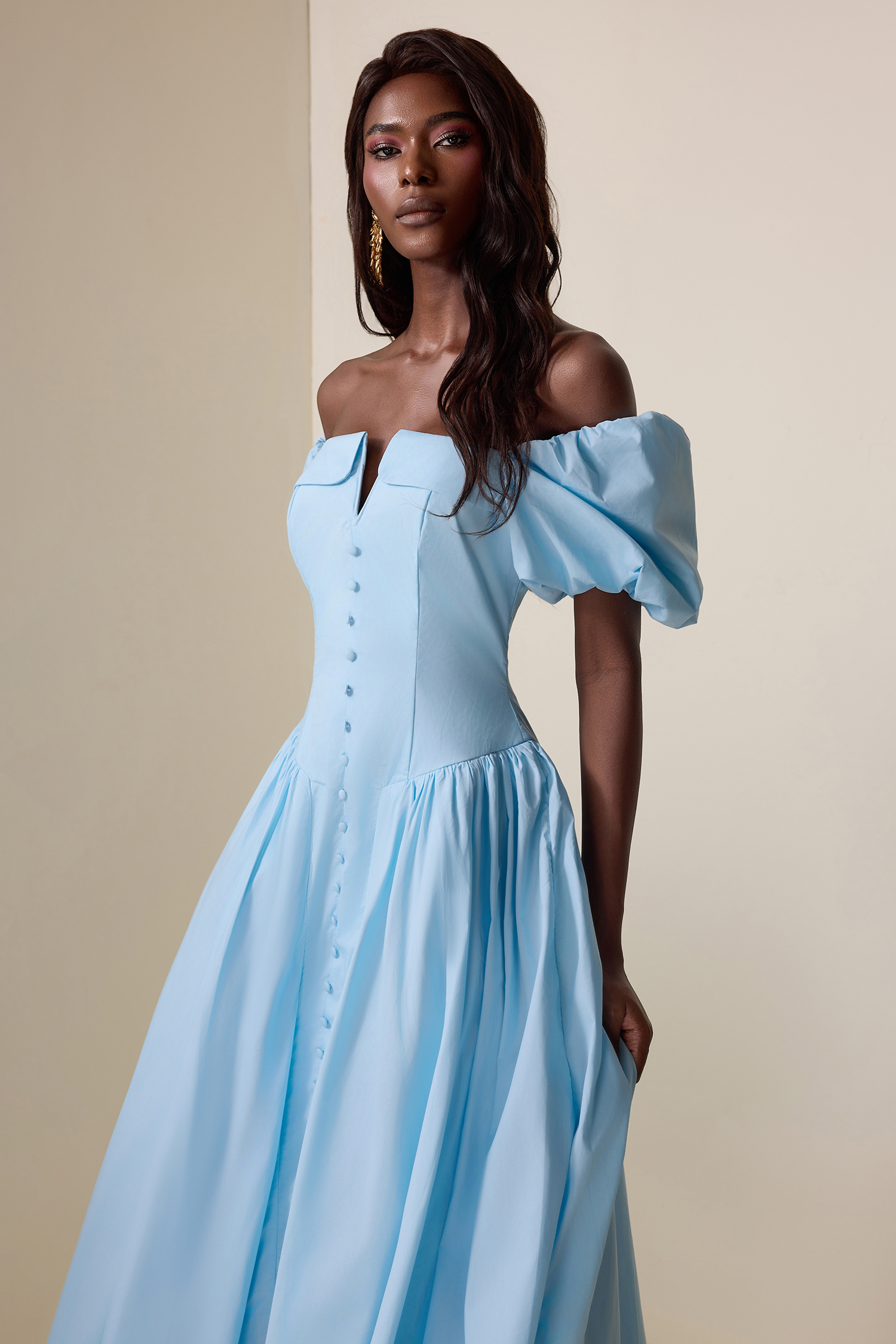 Solid Puff Sleeve Single Breasted Midi Dress  JardinVue
