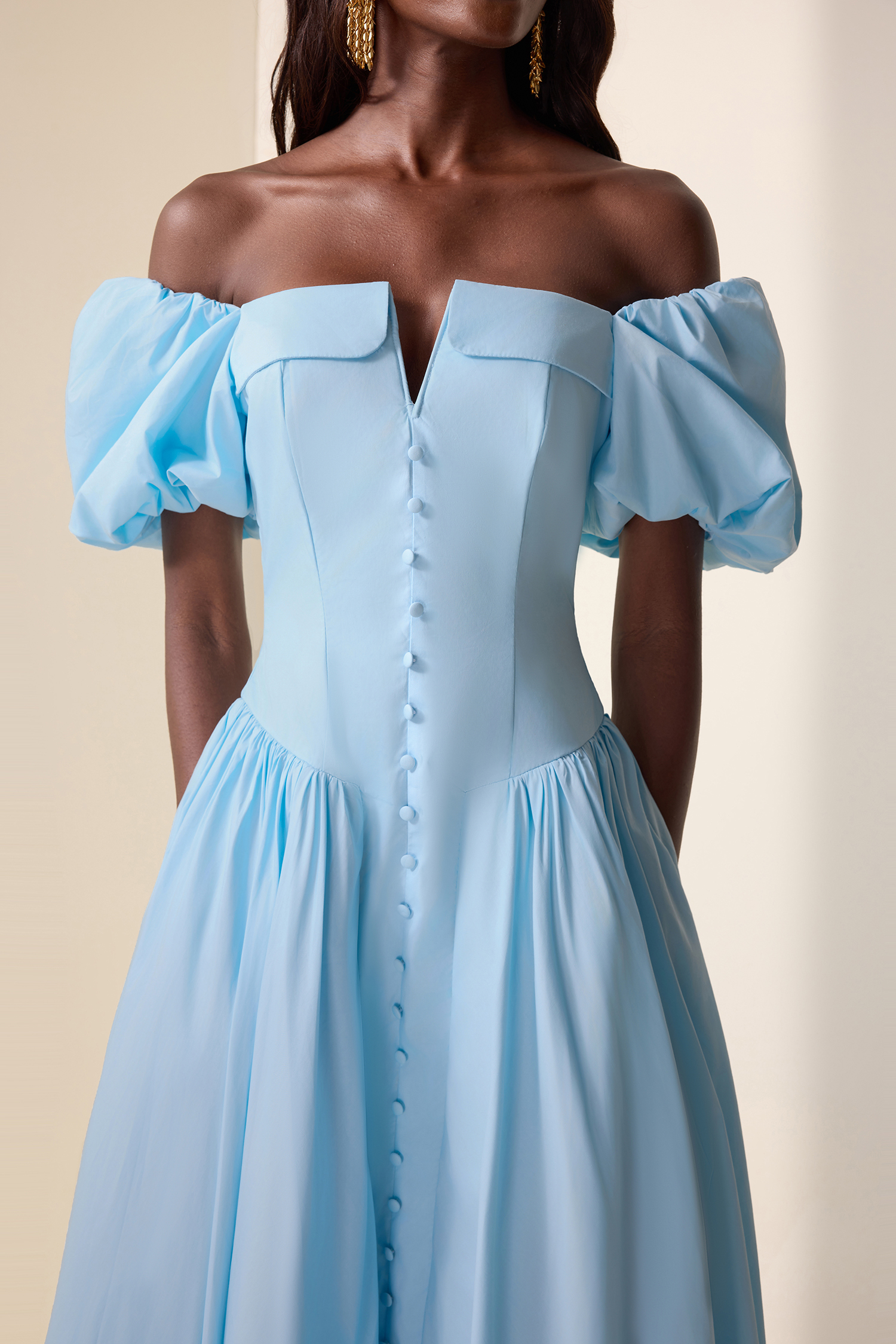 Solid Puff Sleeve Single Breasted Midi Dress