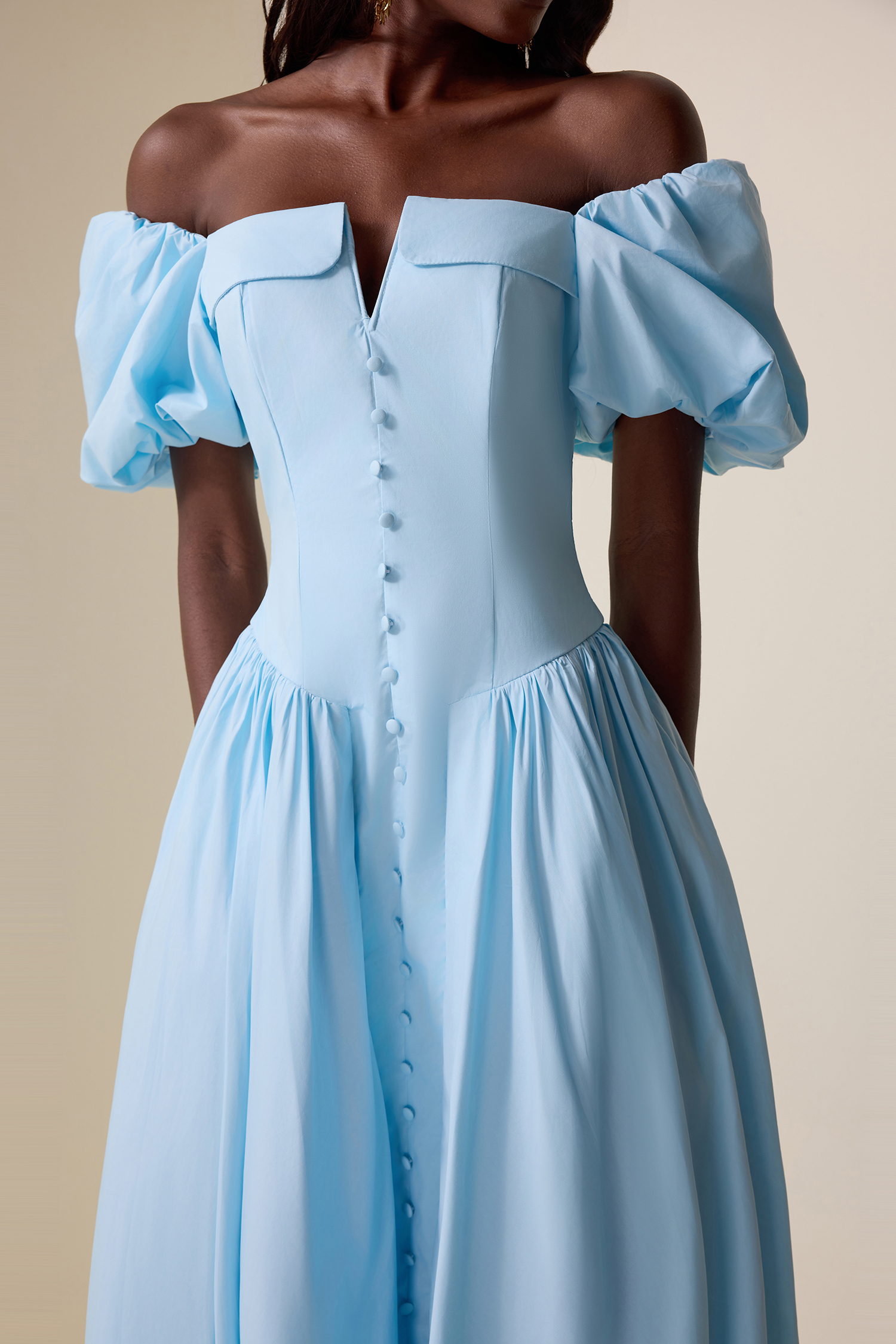 Solid Puff Sleeve Single Breasted Midi Dress