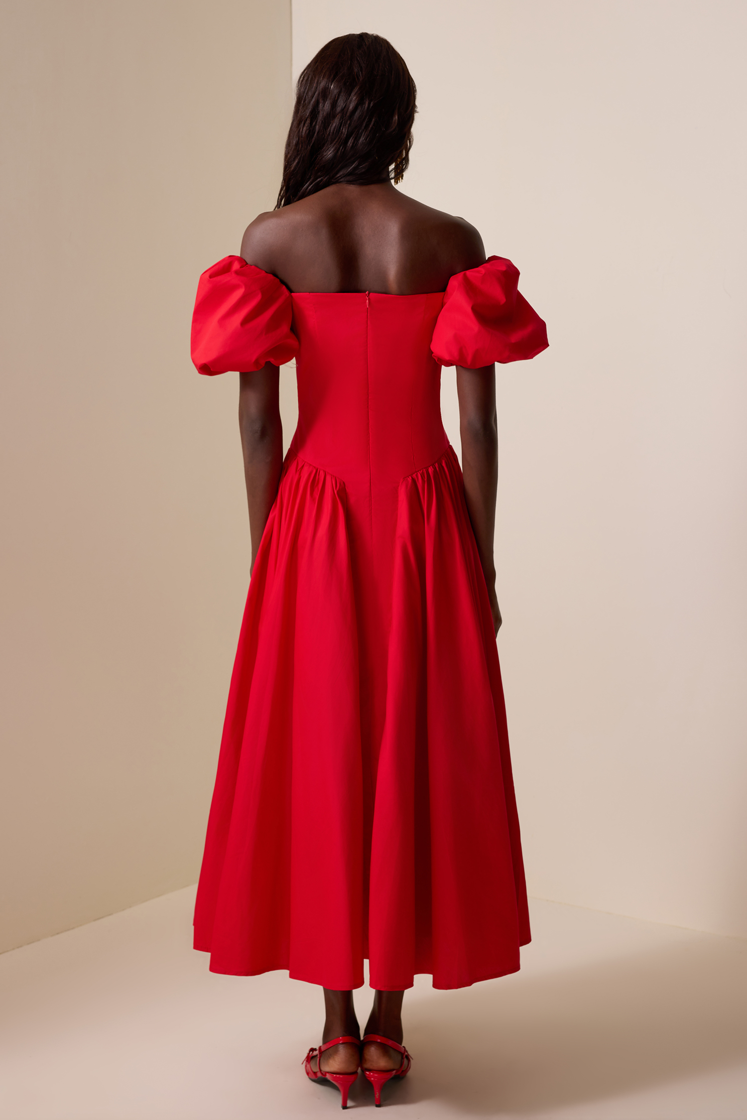 Solid Puff Sleeve Single Breasted Midi Dress