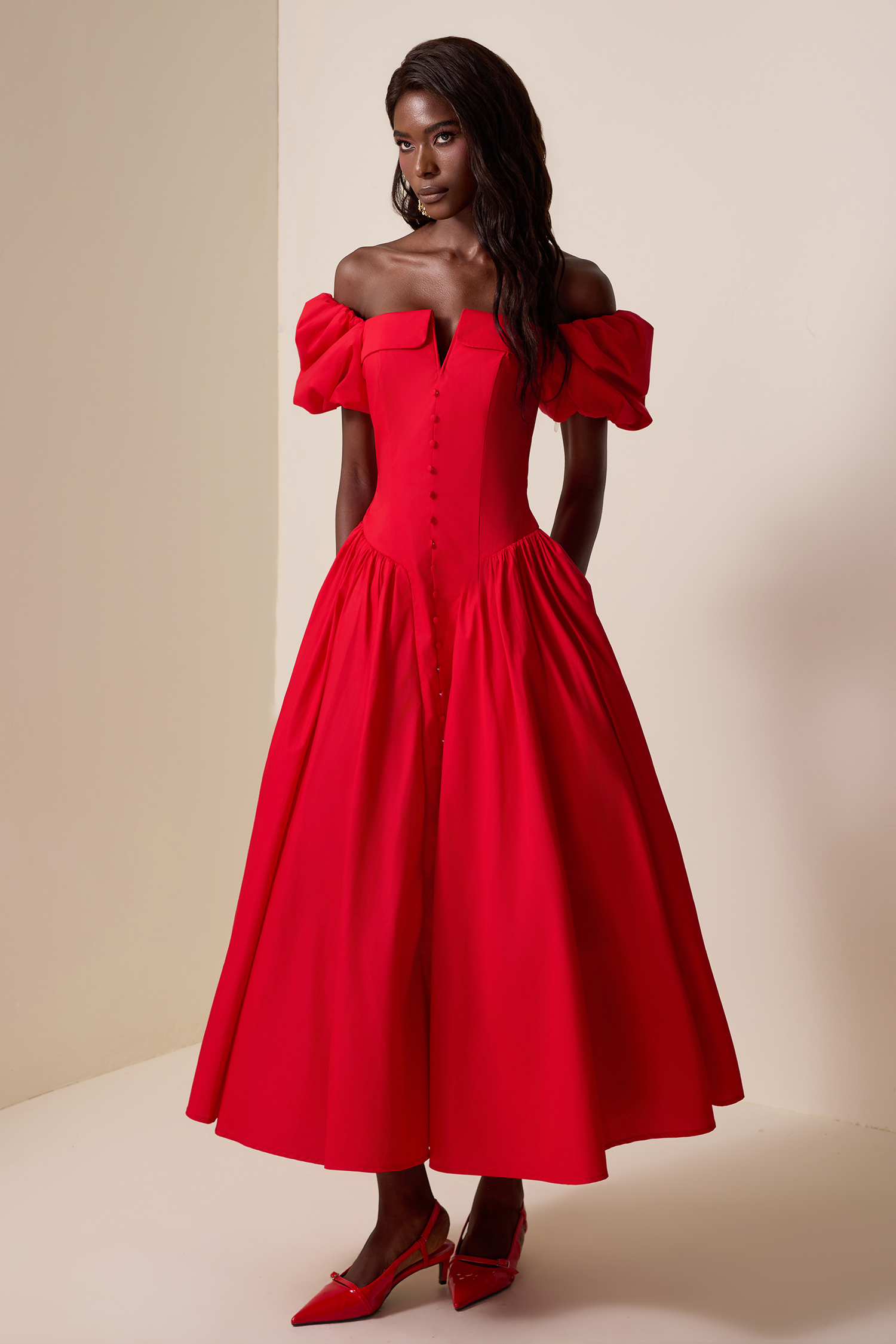 Solid Puff Sleeve Single Breasted Midi Dress