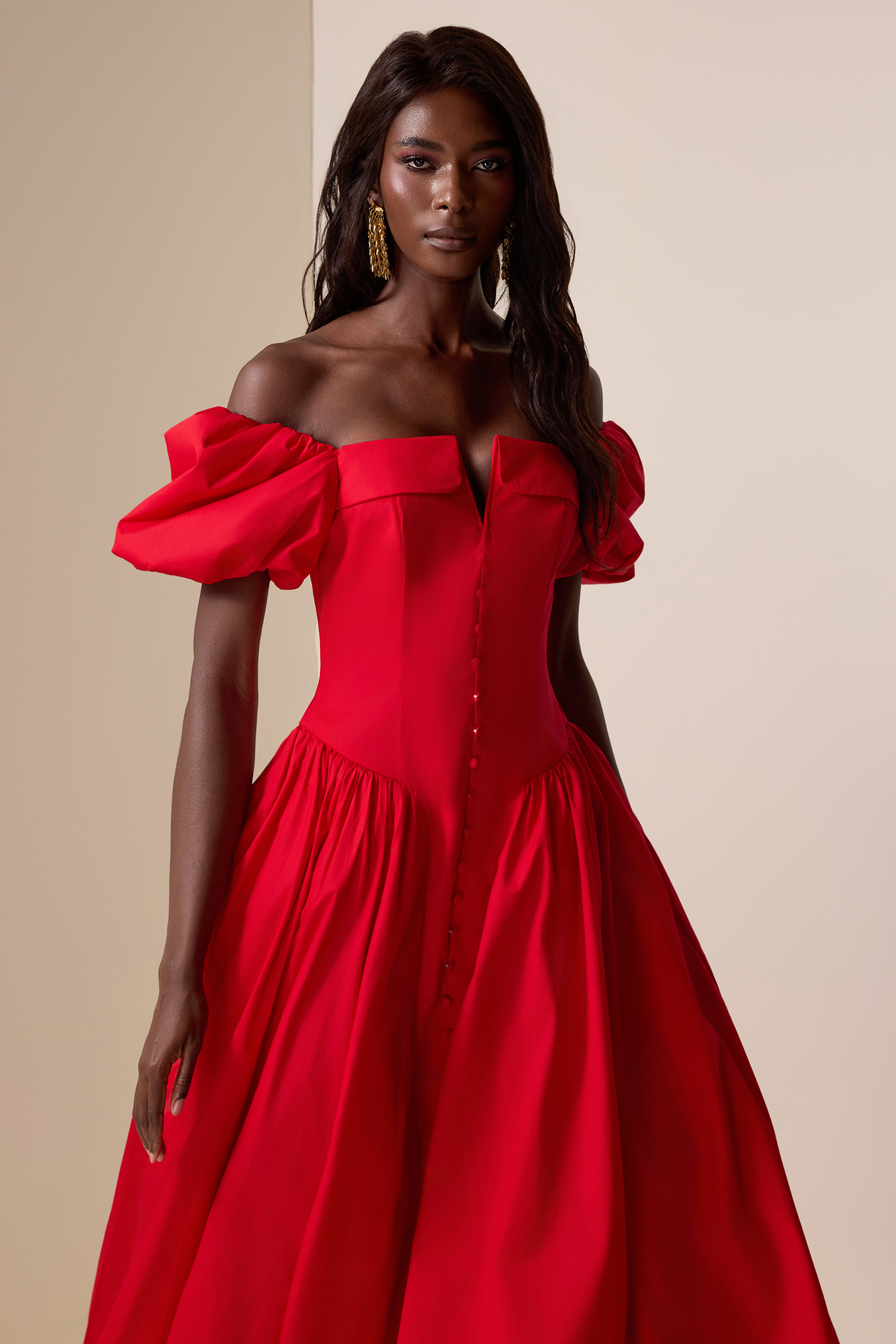 Solid Puff Sleeve Single Breasted Midi Dress