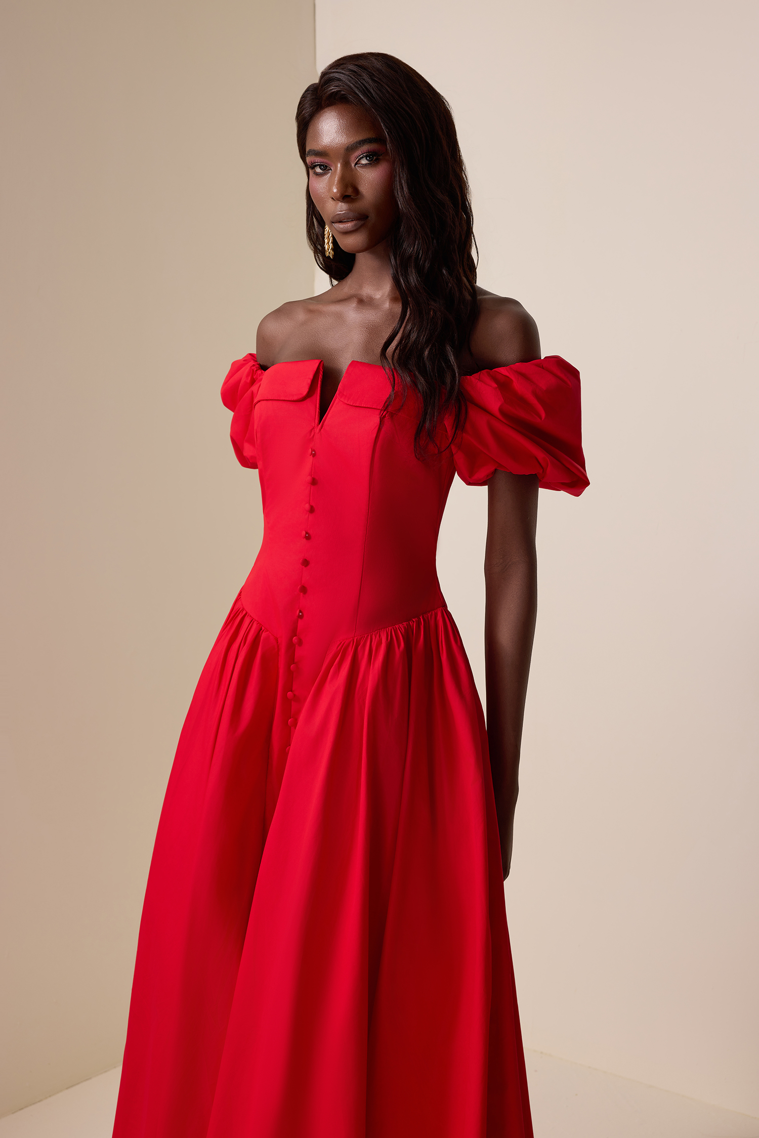 Solid Puff Sleeve Single Breasted Midi Dress