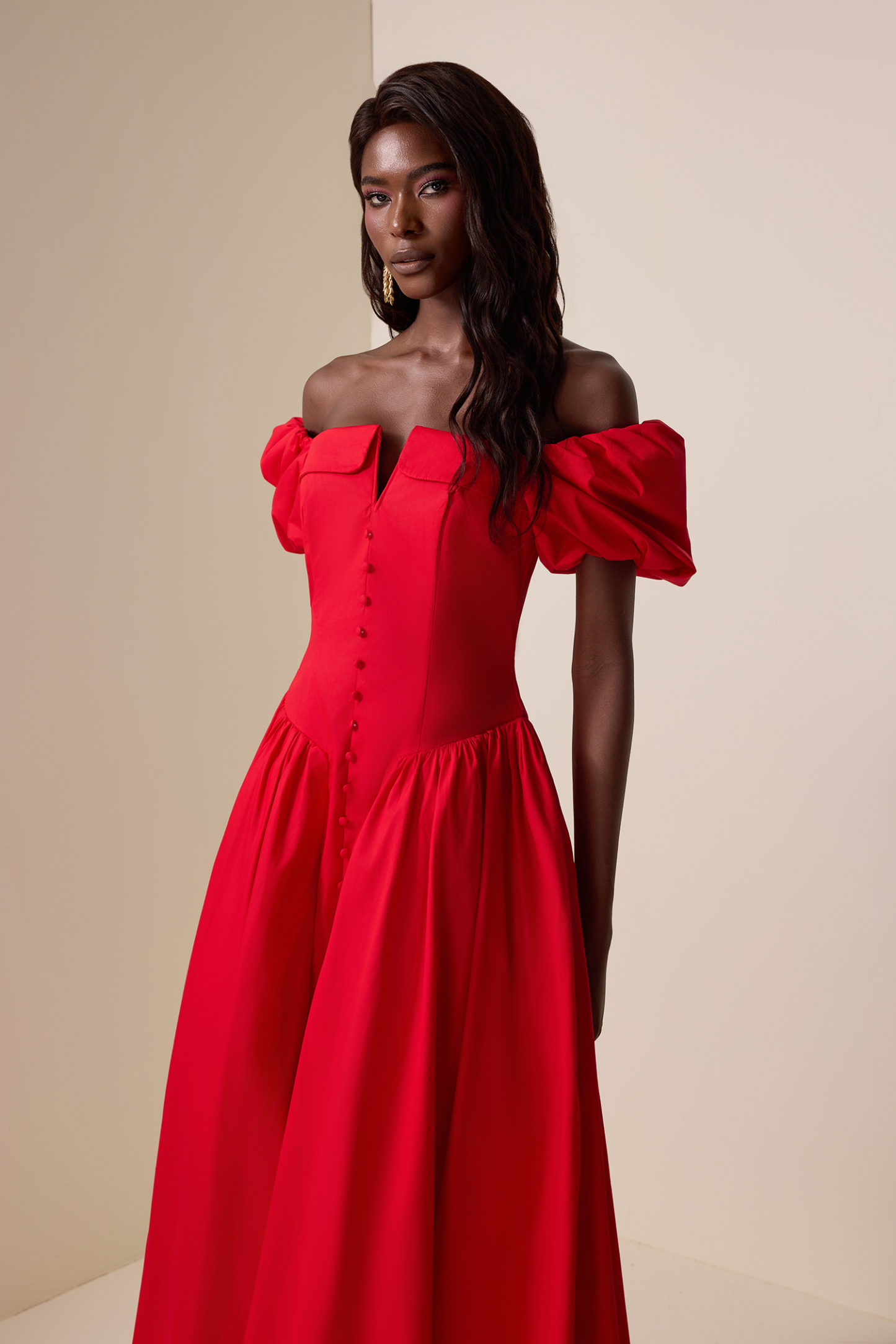 Solid Puff Sleeve Single Breasted Midi Dress