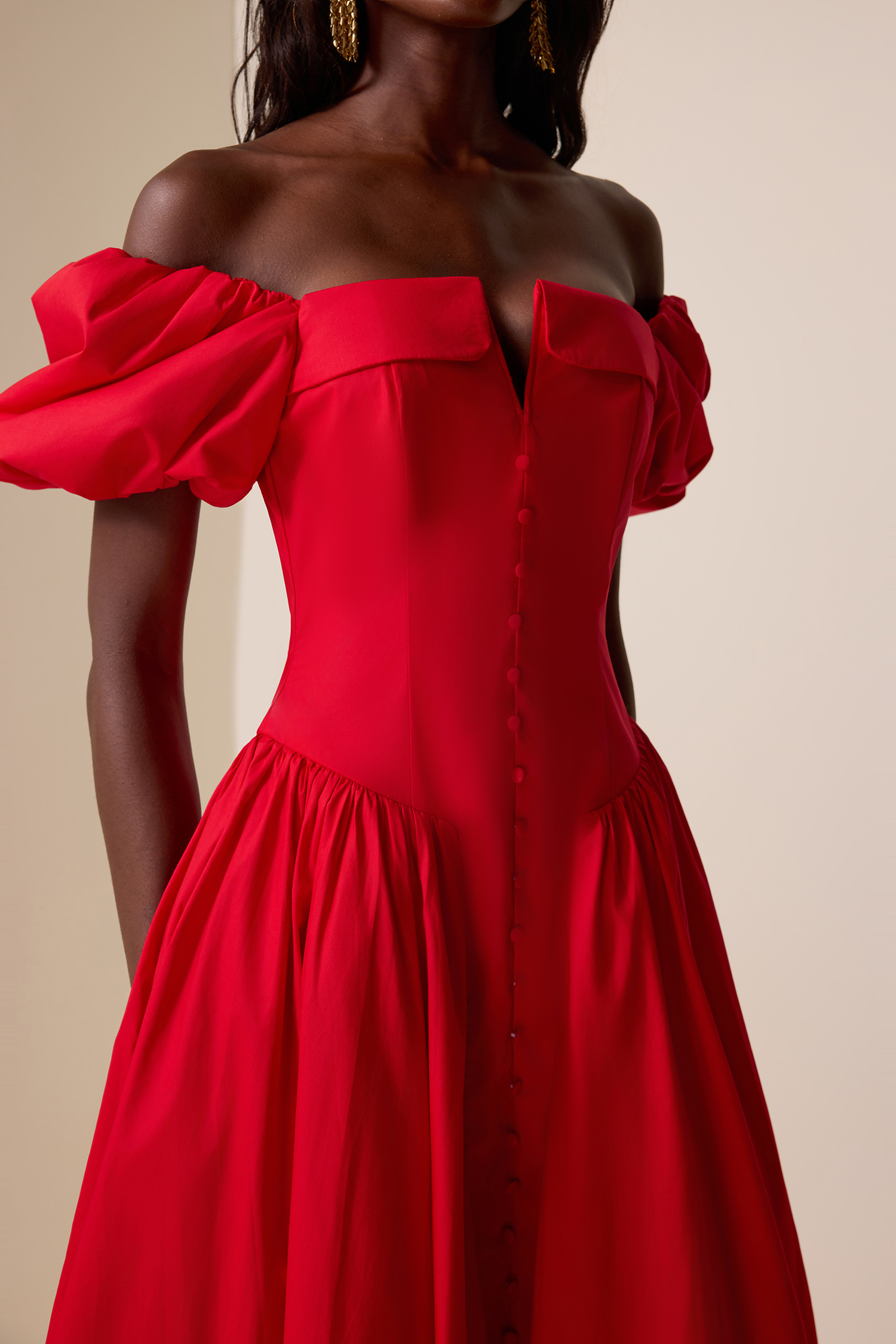 Solid Puff Sleeve Single Breasted Midi Dress