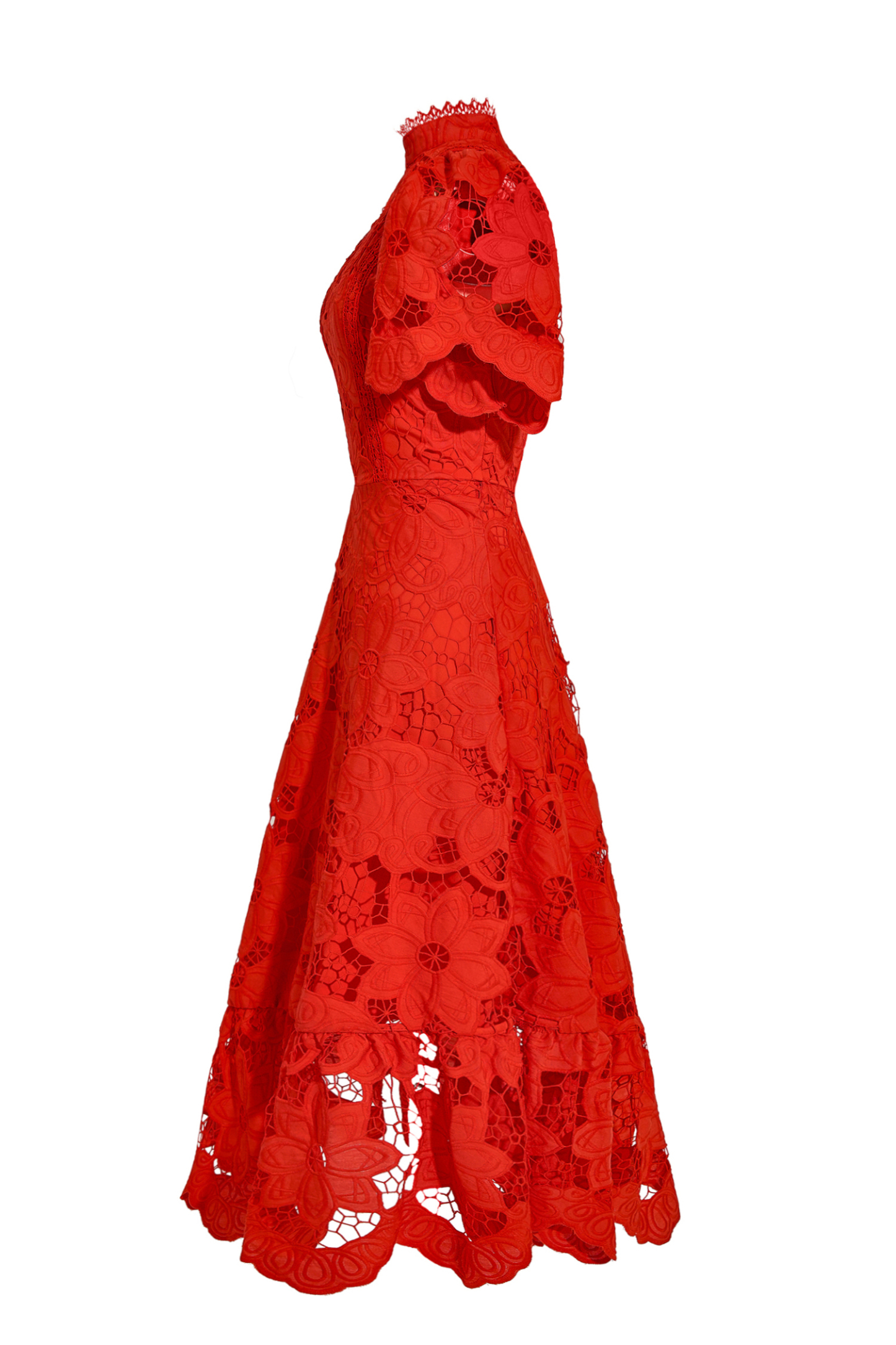 Lace Embroidered Stand Collar Midi Dress