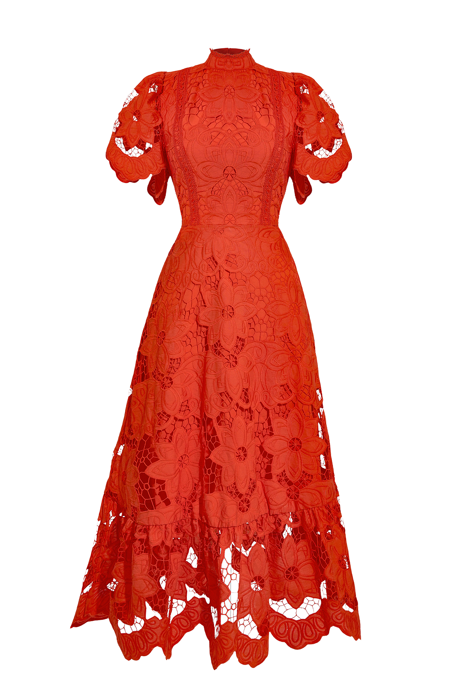 Lace Embroidered Stand Collar Midi Dress