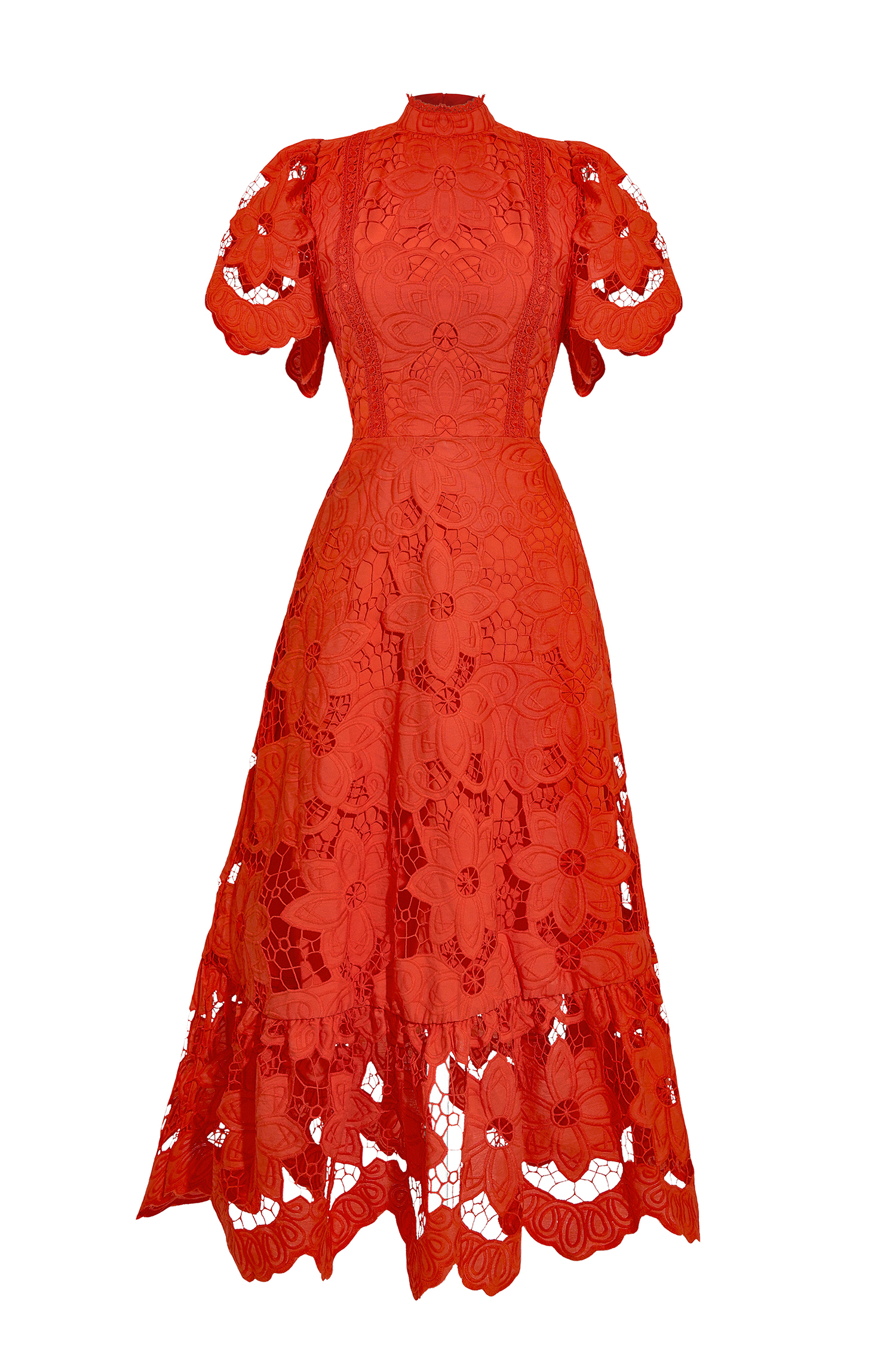Lace Embroidered Stand Collar Midi Dress