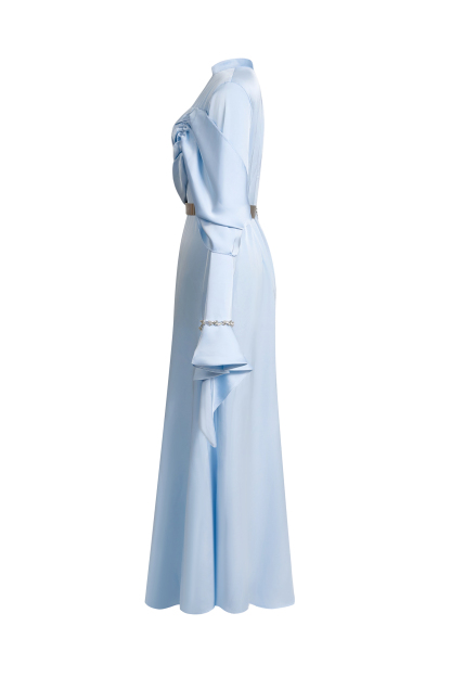 Satin Rhinestone Bell Sleeve Maxi Dress With Belt