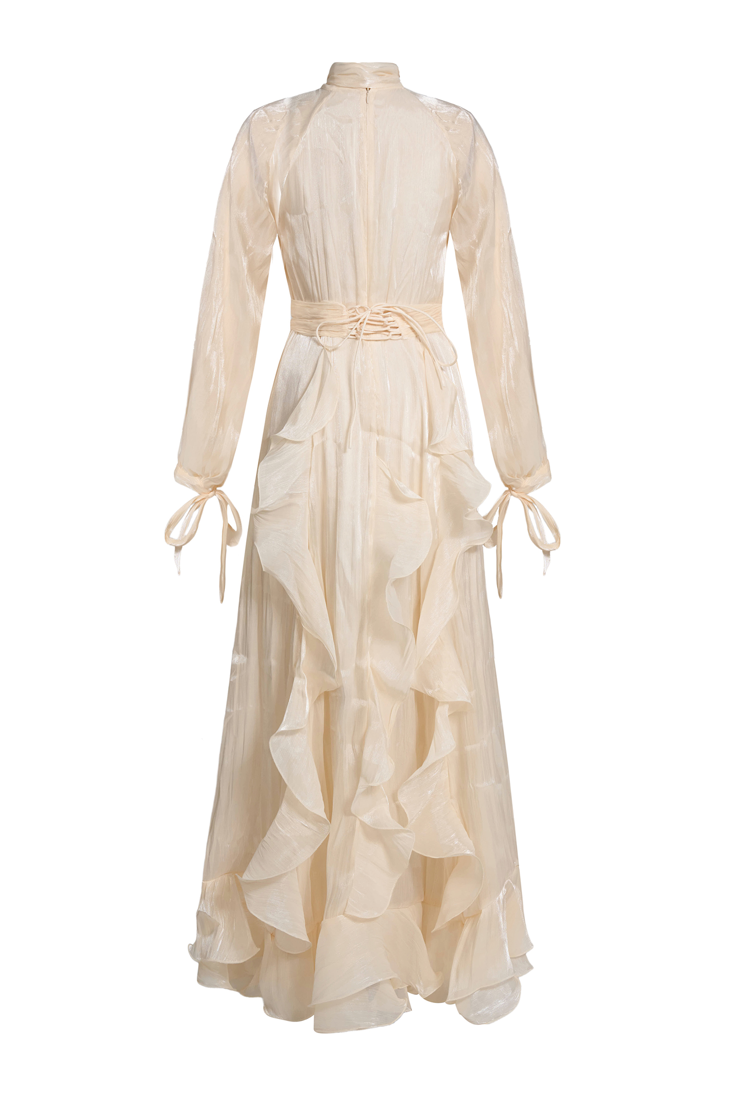Solid Stand Collar Pleated Frill Maxi Dress With Belt