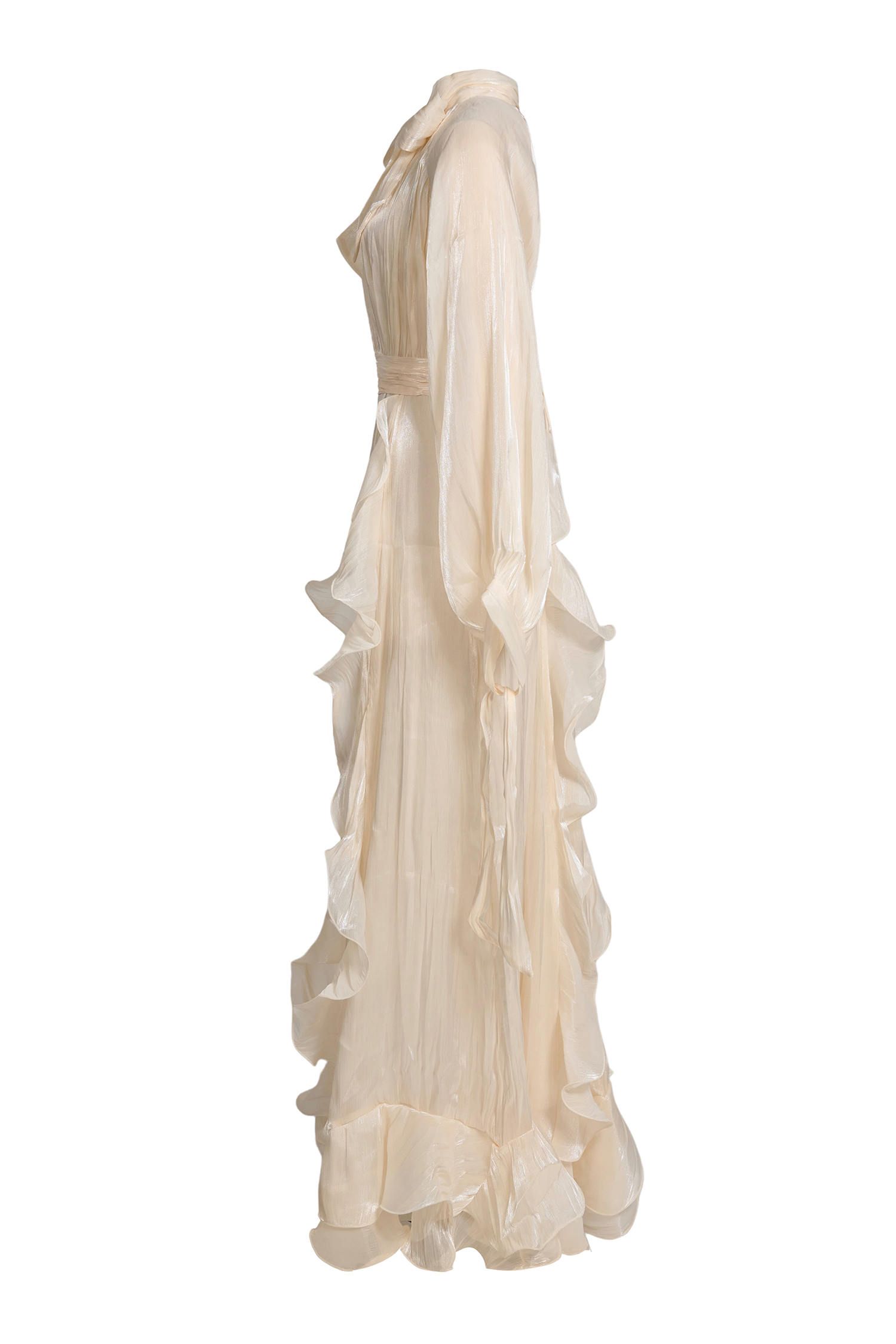 Solid Stand Collar Pleated Frill Maxi Dress With Belt