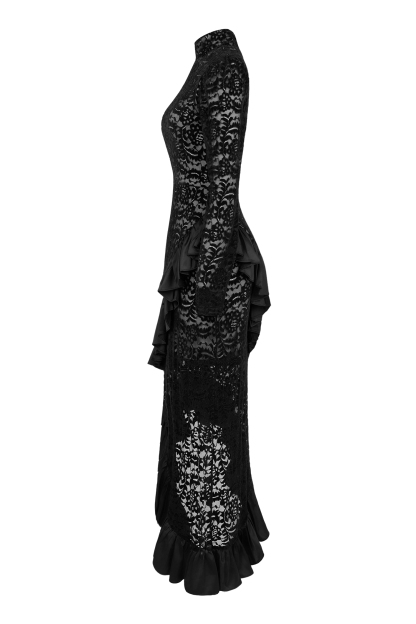 Flock Lace Ruffle Long Sleeve Midi Dress