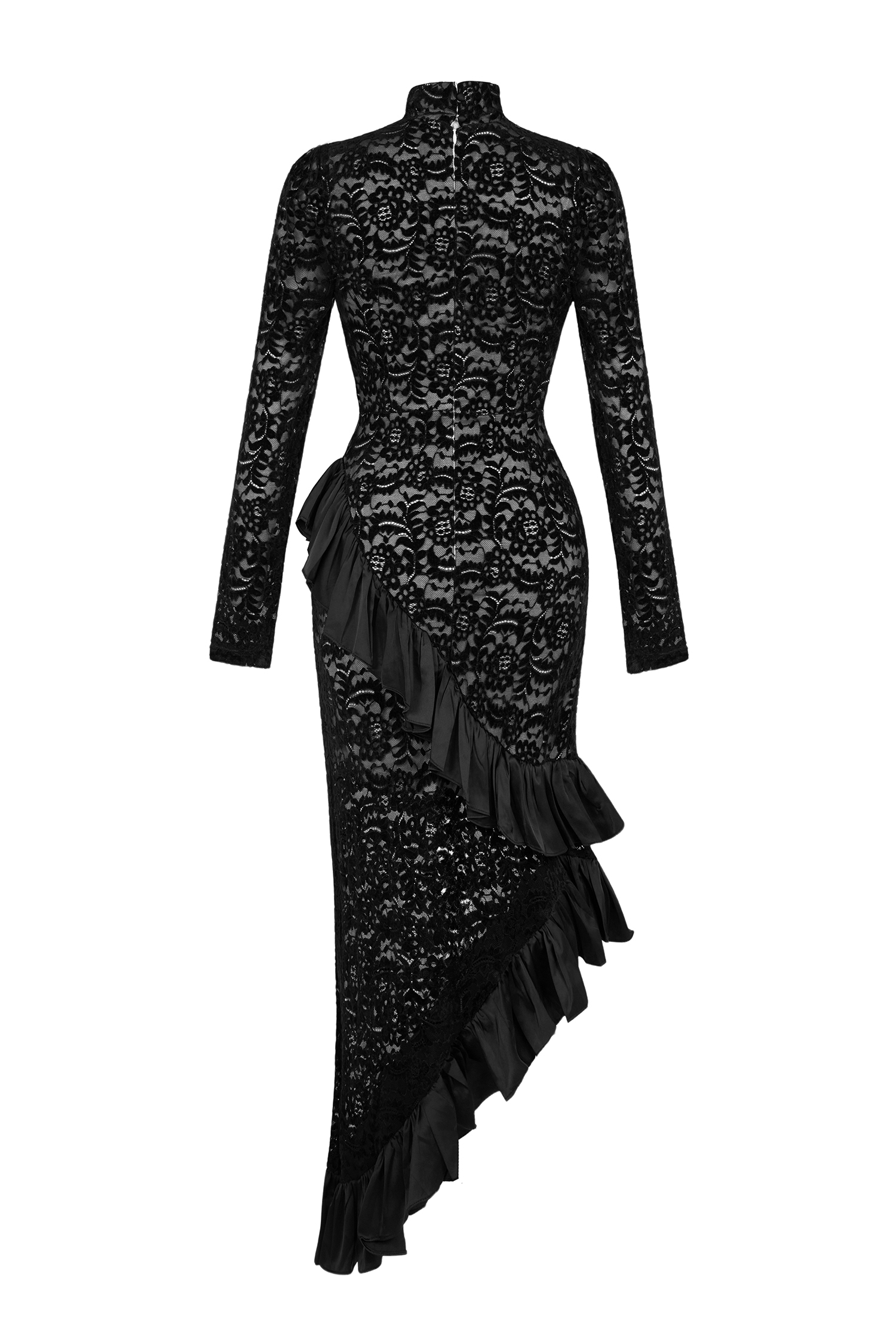 Flock Lace Ruffle Long Sleeve Midi Dress