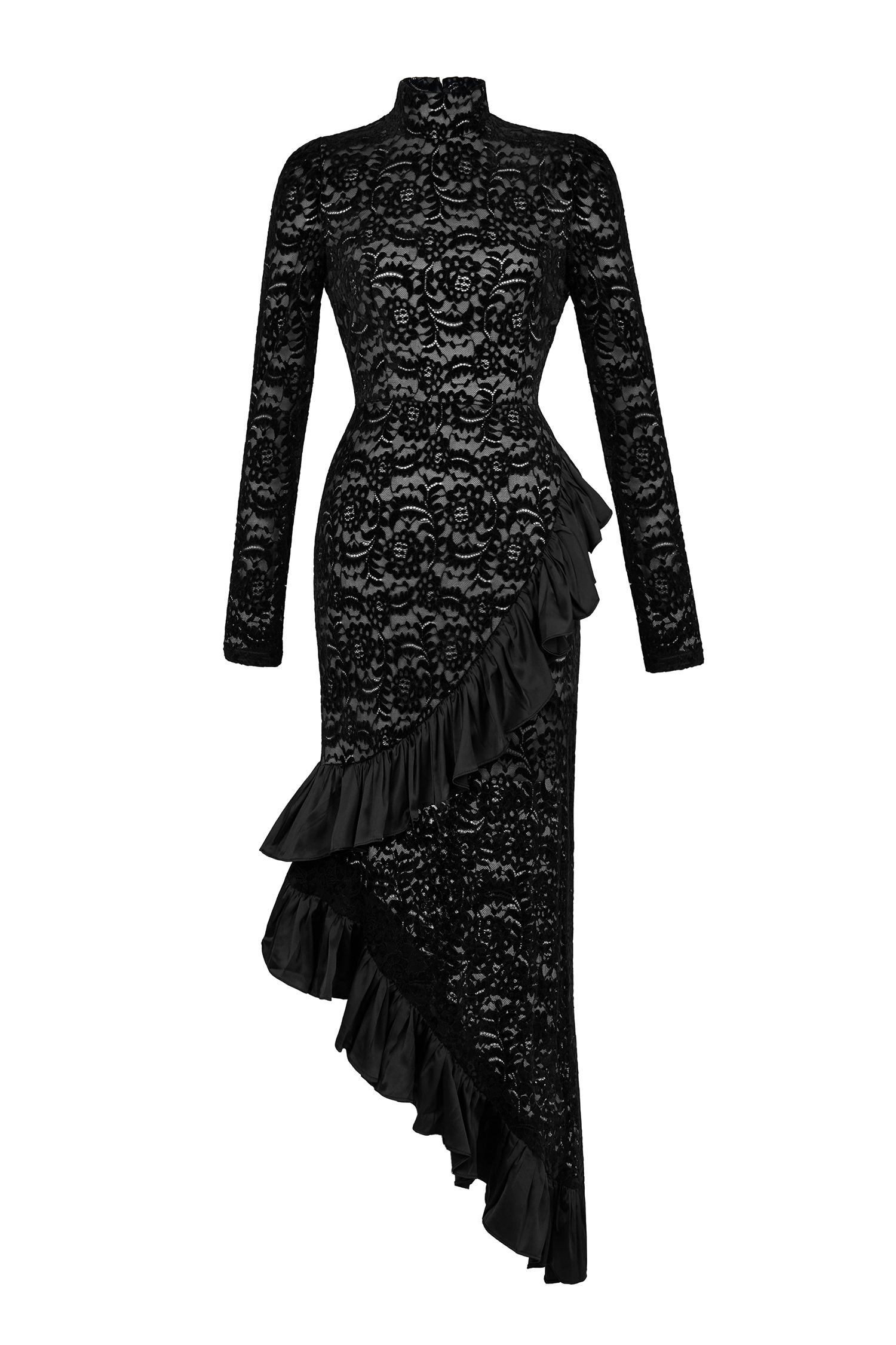 Flock Lace Ruffle Long Sleeve Midi Dress