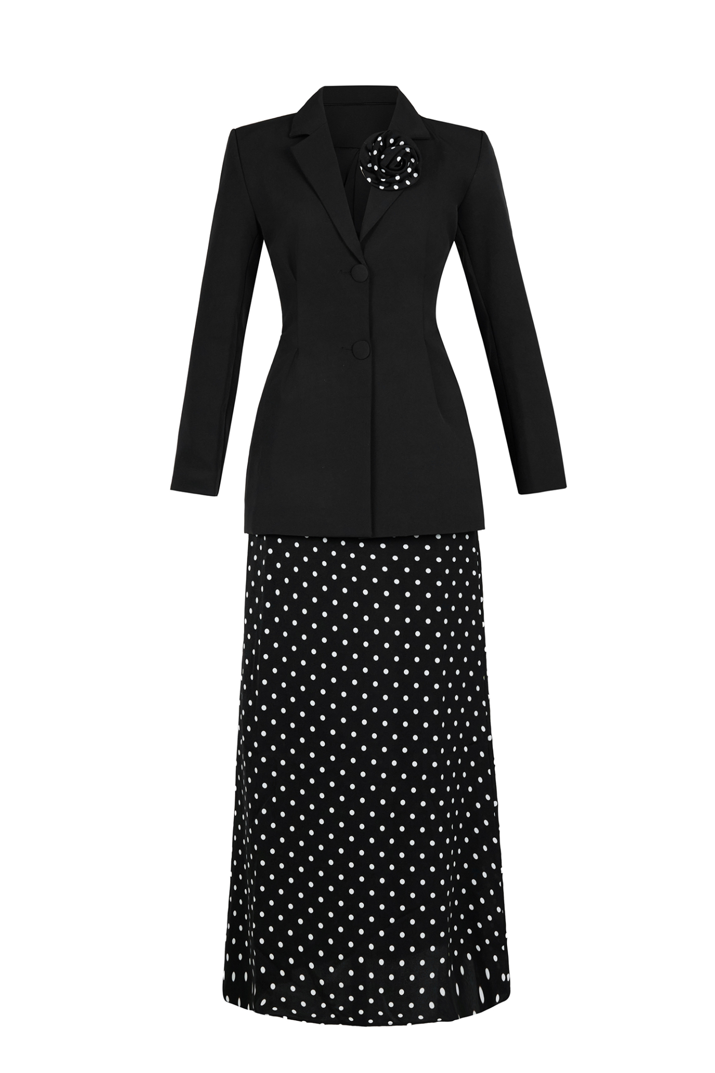 3D Flower Kerchief Blazer & Dots Midi Skirt Set