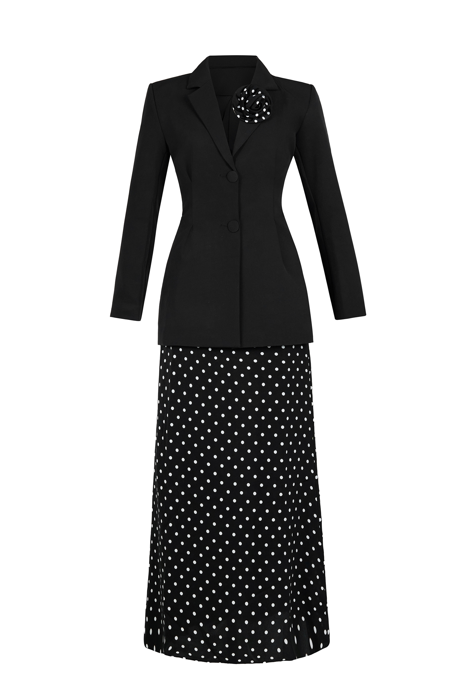 3D Flower Kerchief Blazer & Dots Midi Skirt Set
