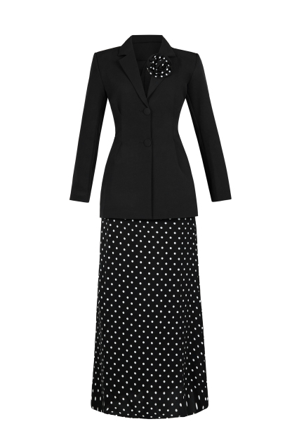 3D Flower Kerchief Blazer & Dots Midi Skirt Set