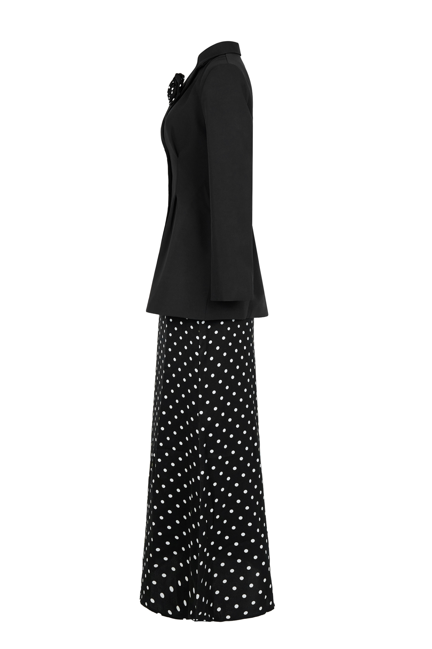 3D Flower Kerchief Blazer & Dots Midi Skirt Set