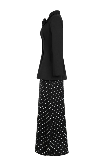 3D Flower Kerchief Blazer & Dots Midi Skirt Set
