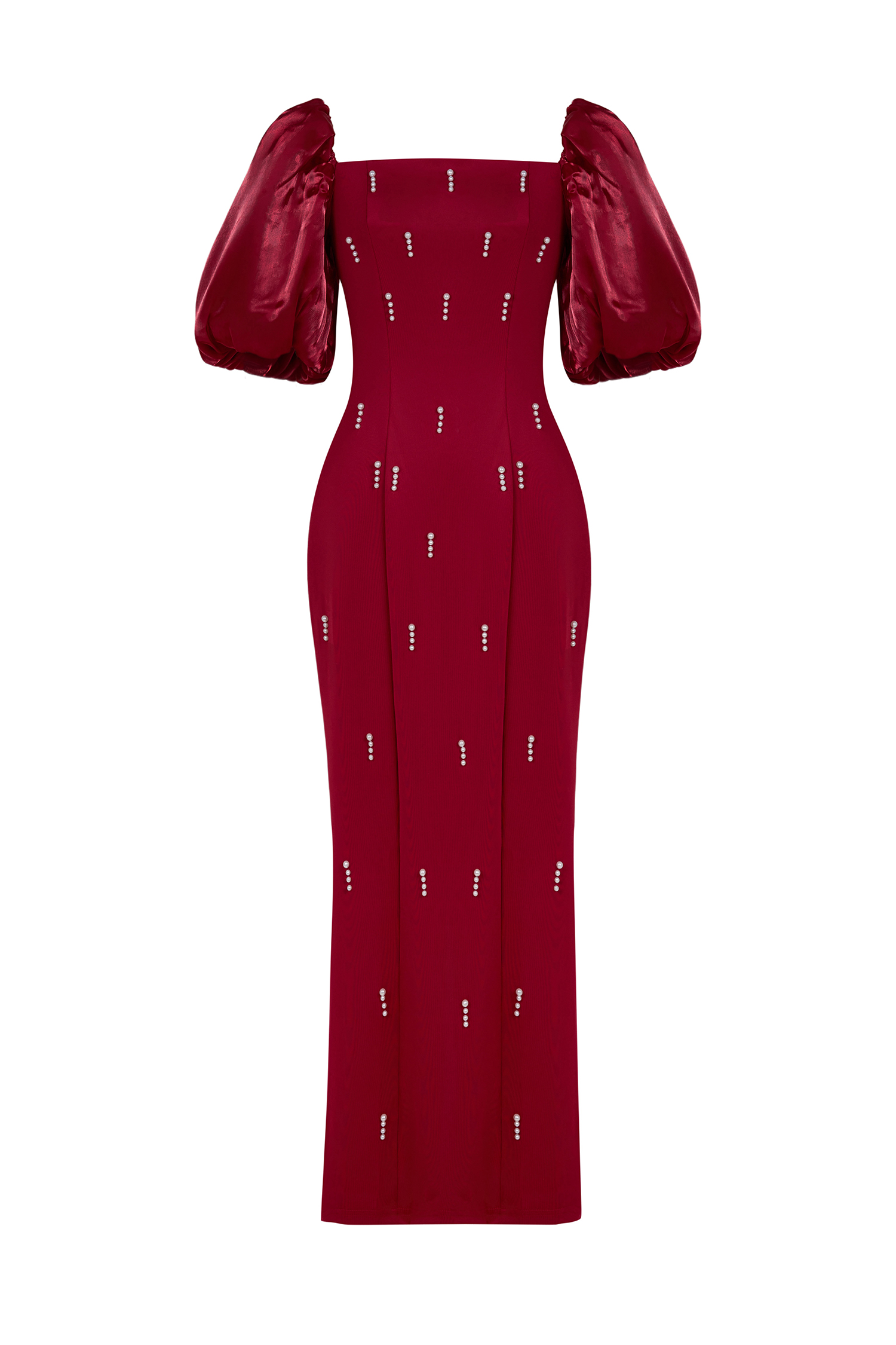 Faux Pearl Square Neck Puff Sleeve Midi Dress