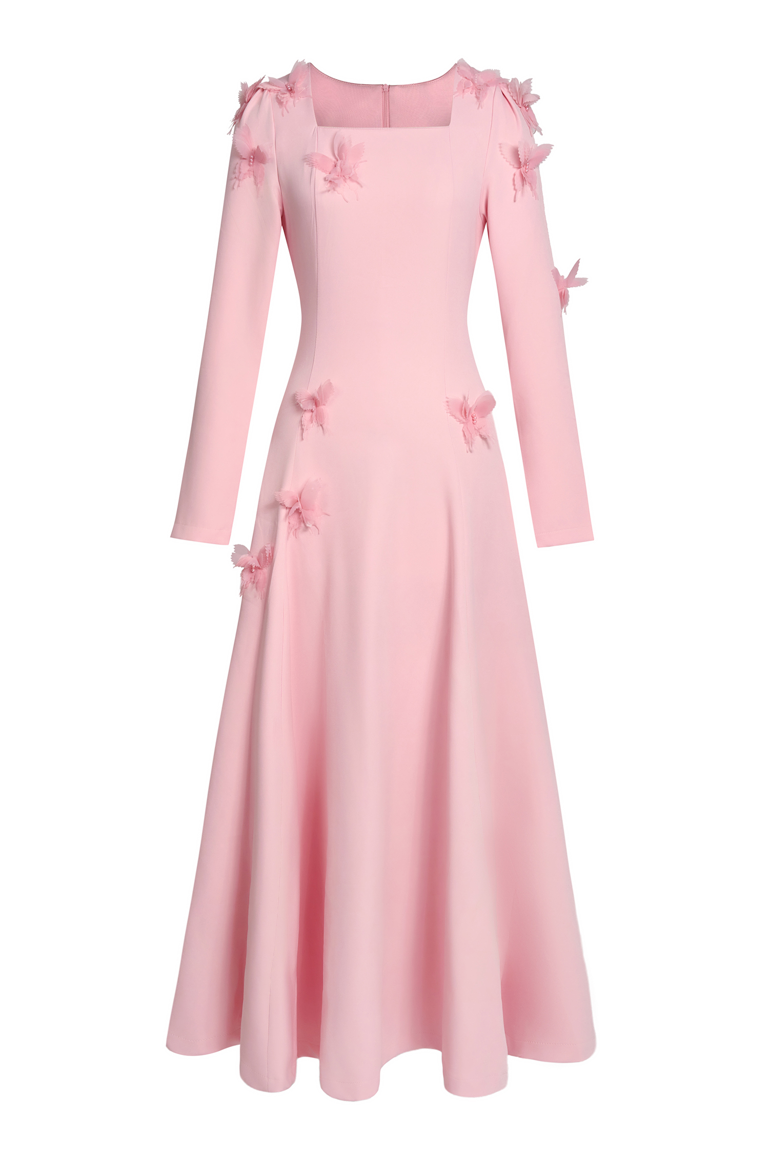 3D Butterfly Square Collar Long Sleeve Midi Dress