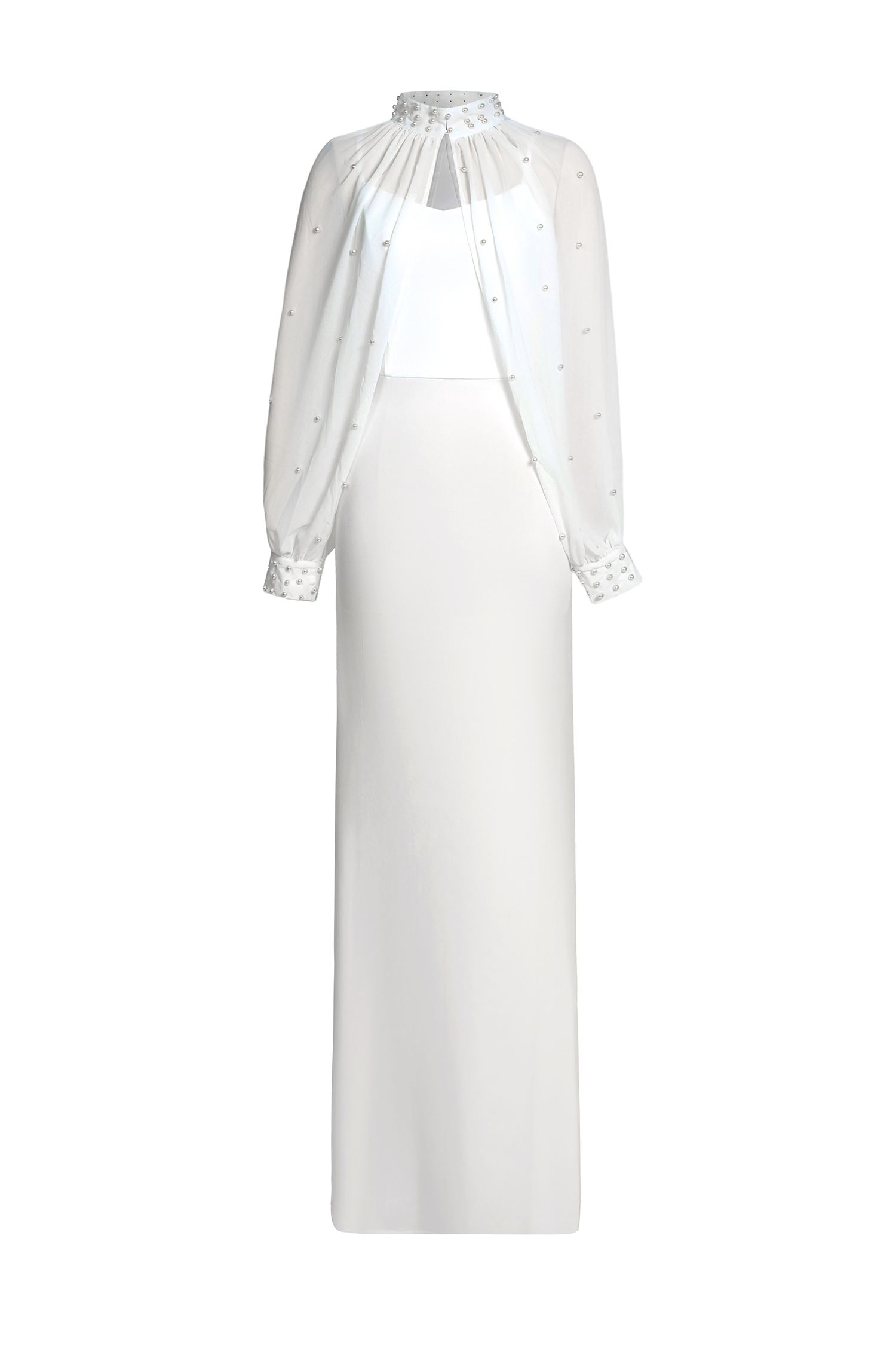Faux Pearl Stand Collar Cape Sleeve Maxi Dress