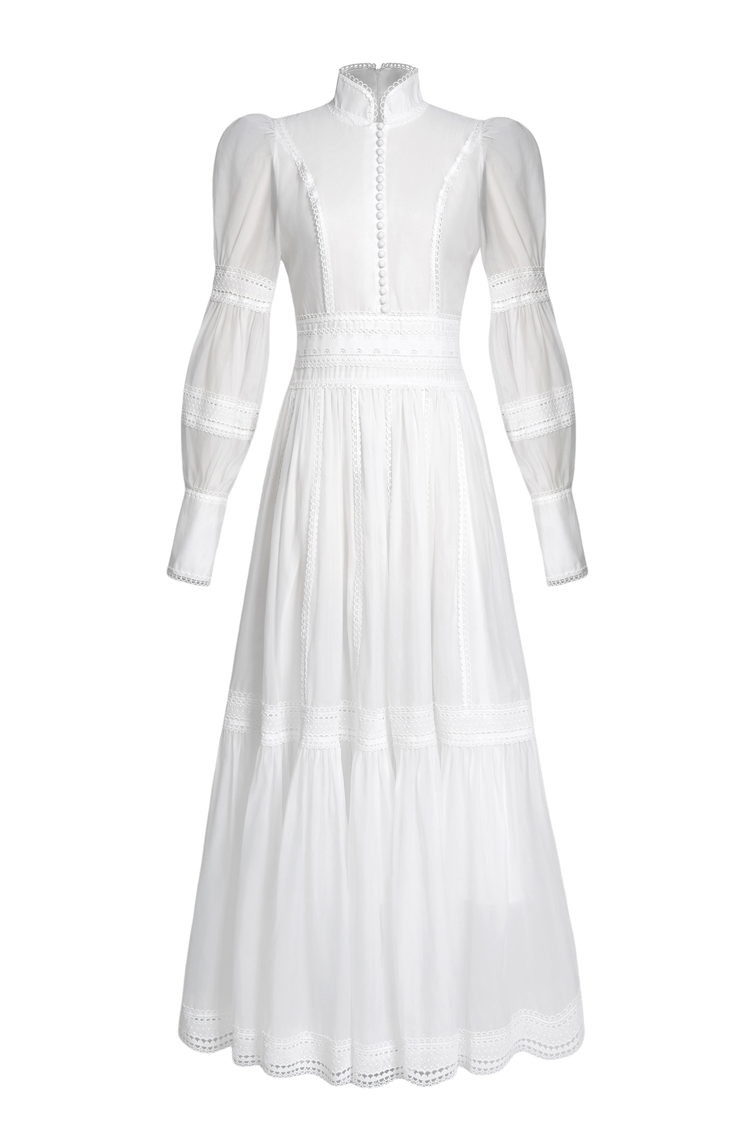 Stand Collar Puff Sleeve Lace Midi Dress